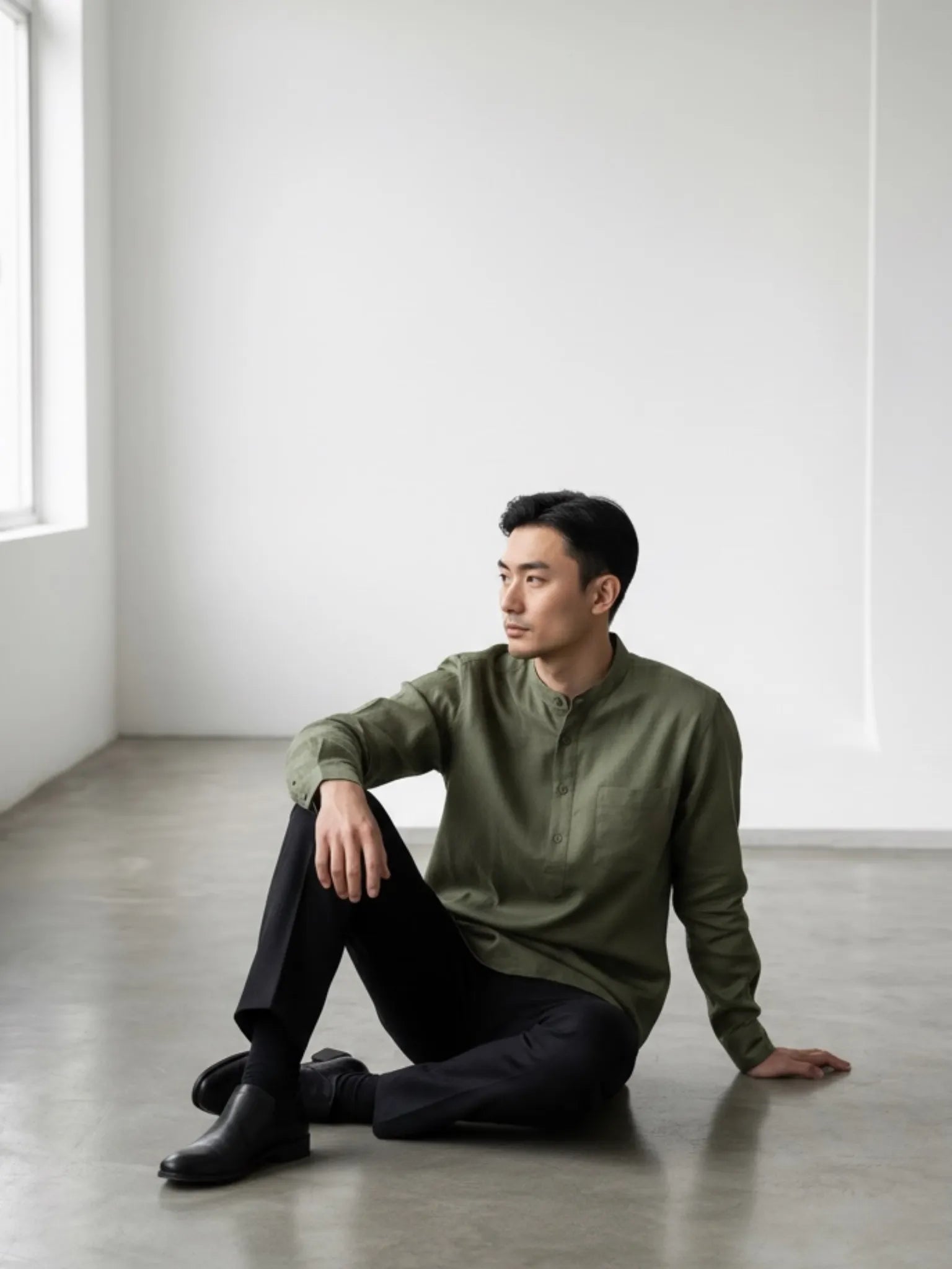 Olive Linen Blend textured Short Kurta