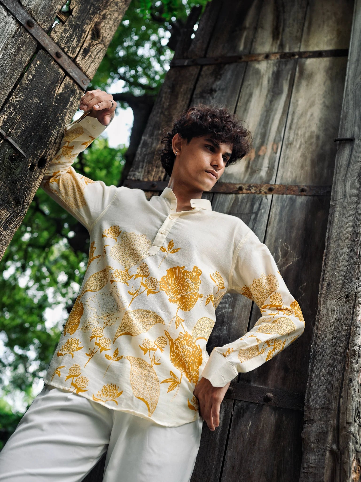 Mustard Floral Cotton short kurta