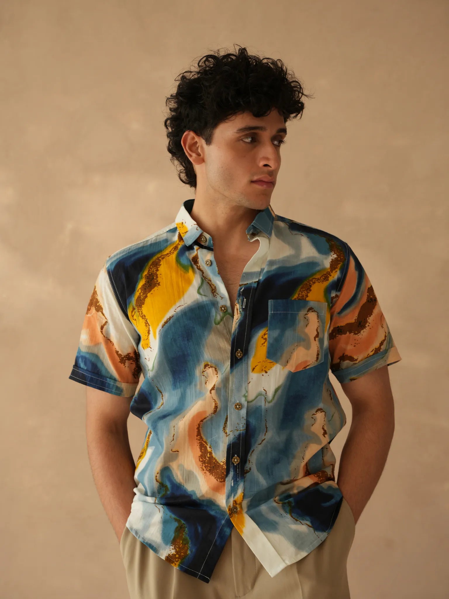 Blue Marble Printed Half Sleeves Shirt