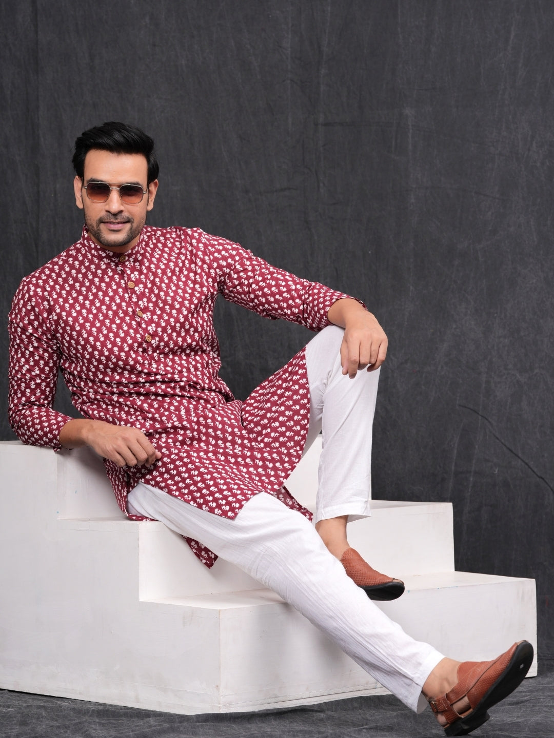 Maroon Flower Printed Cotton Kurta & Pyjama Set