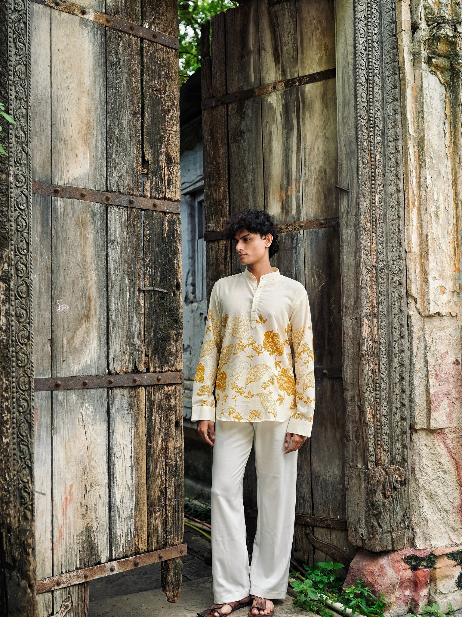Mustard Floral Cotton short kurta