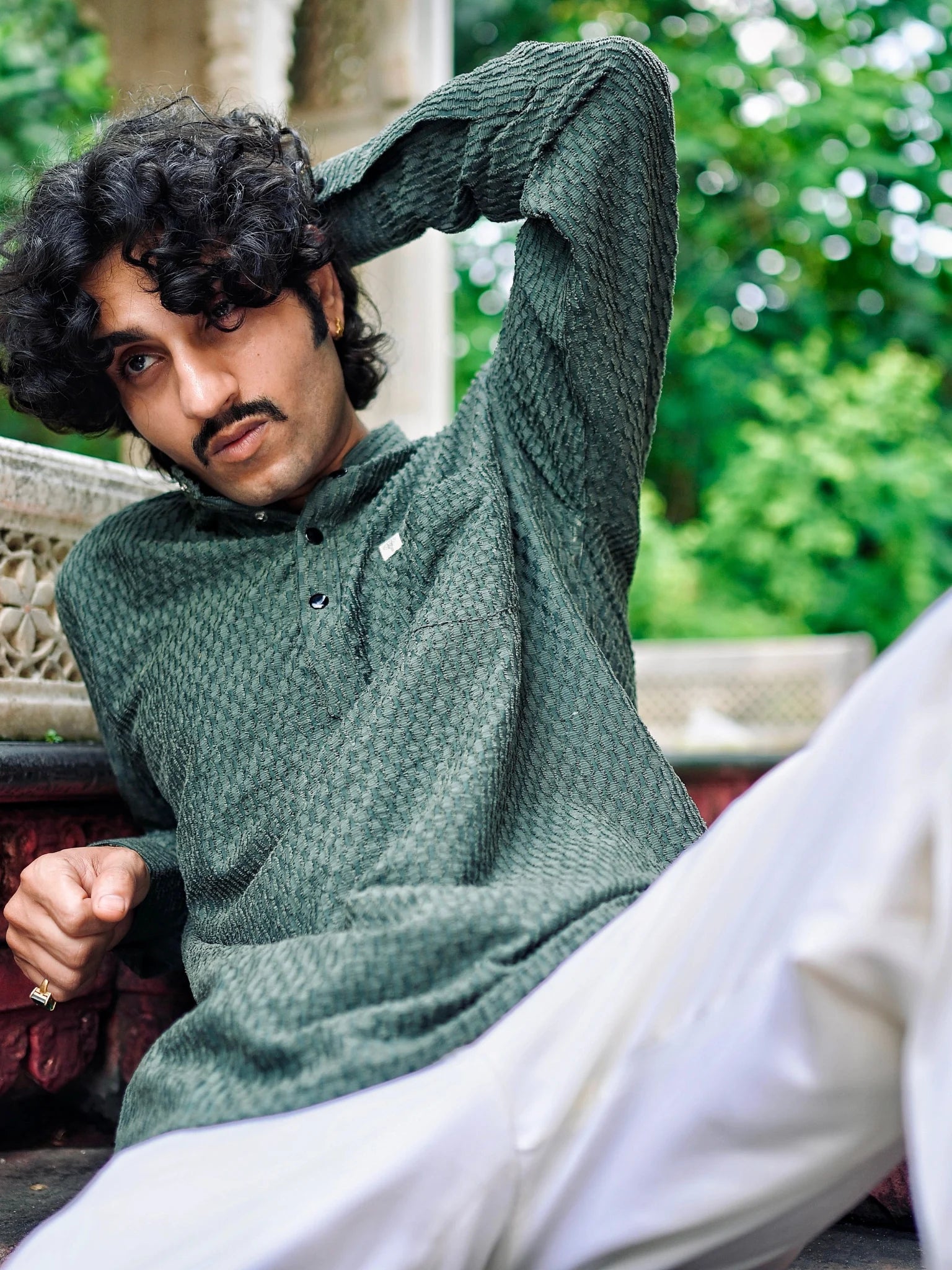 Green Texture Weave Short Kurta
