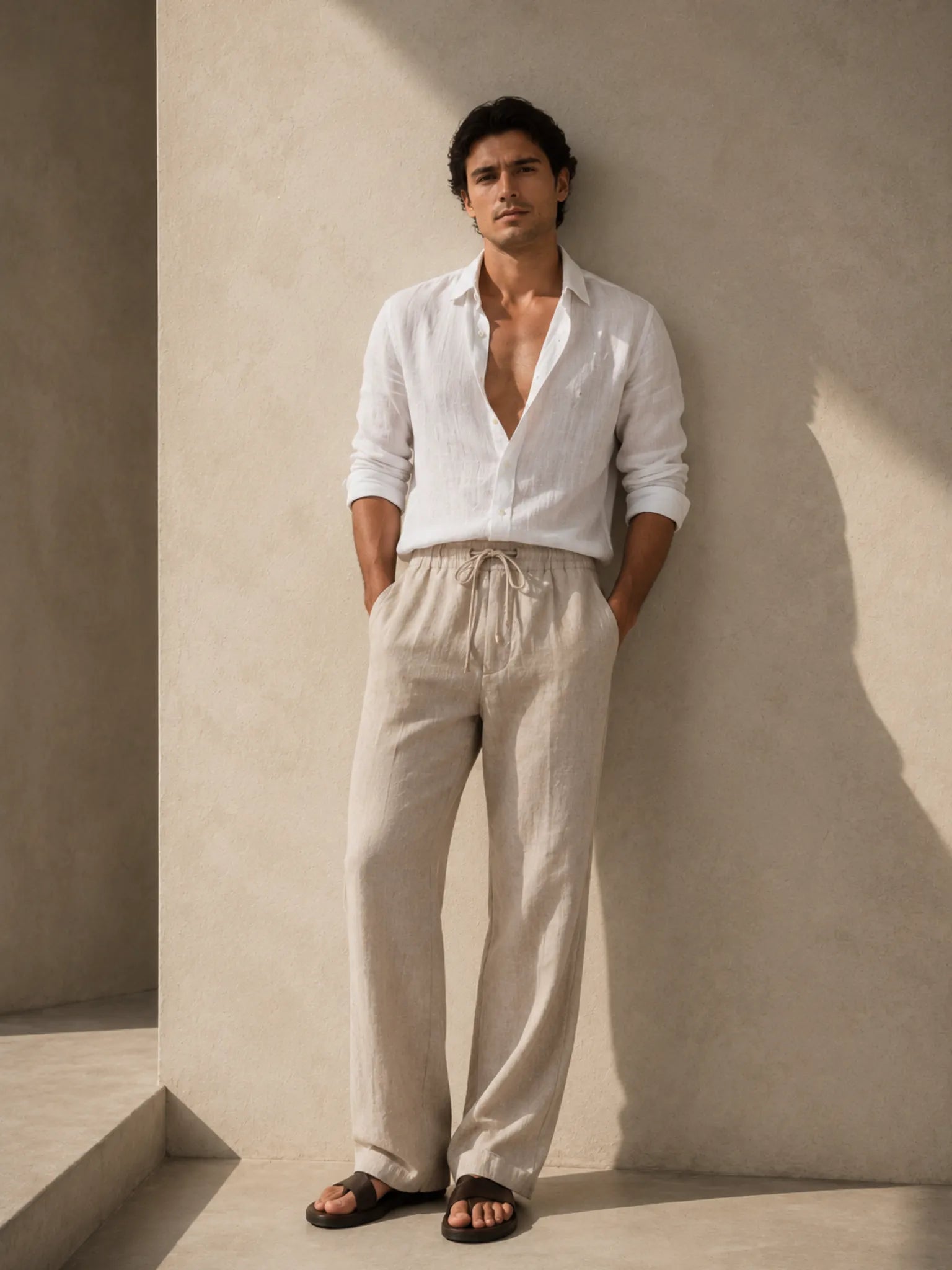 HUESFAB Men's Cream Straight Fit Linen Blend Pants