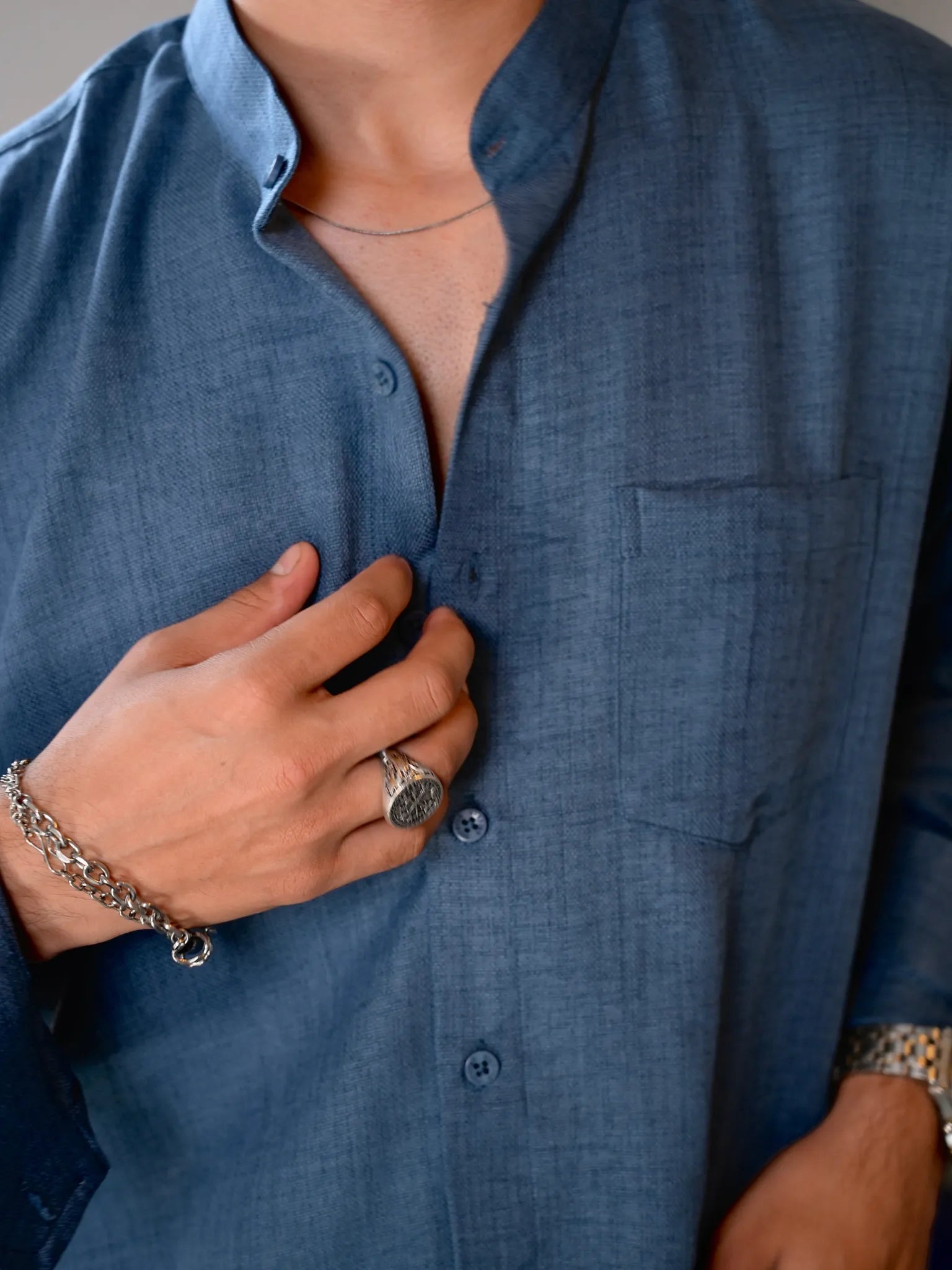 Blue Linen Blend Mandarin collar Full Sleeves Shirt