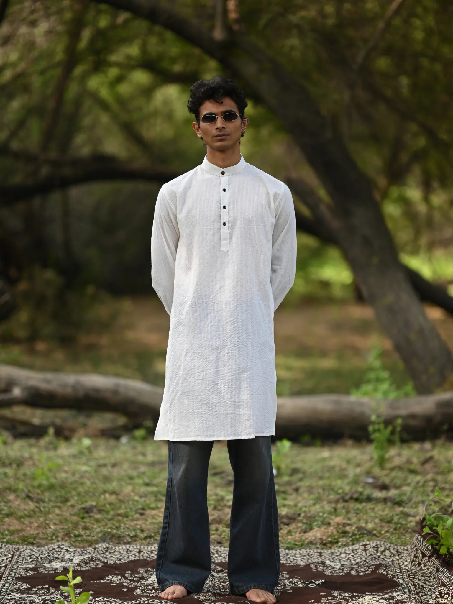 White Kantha Thread Work Long Kurta & pyjama set