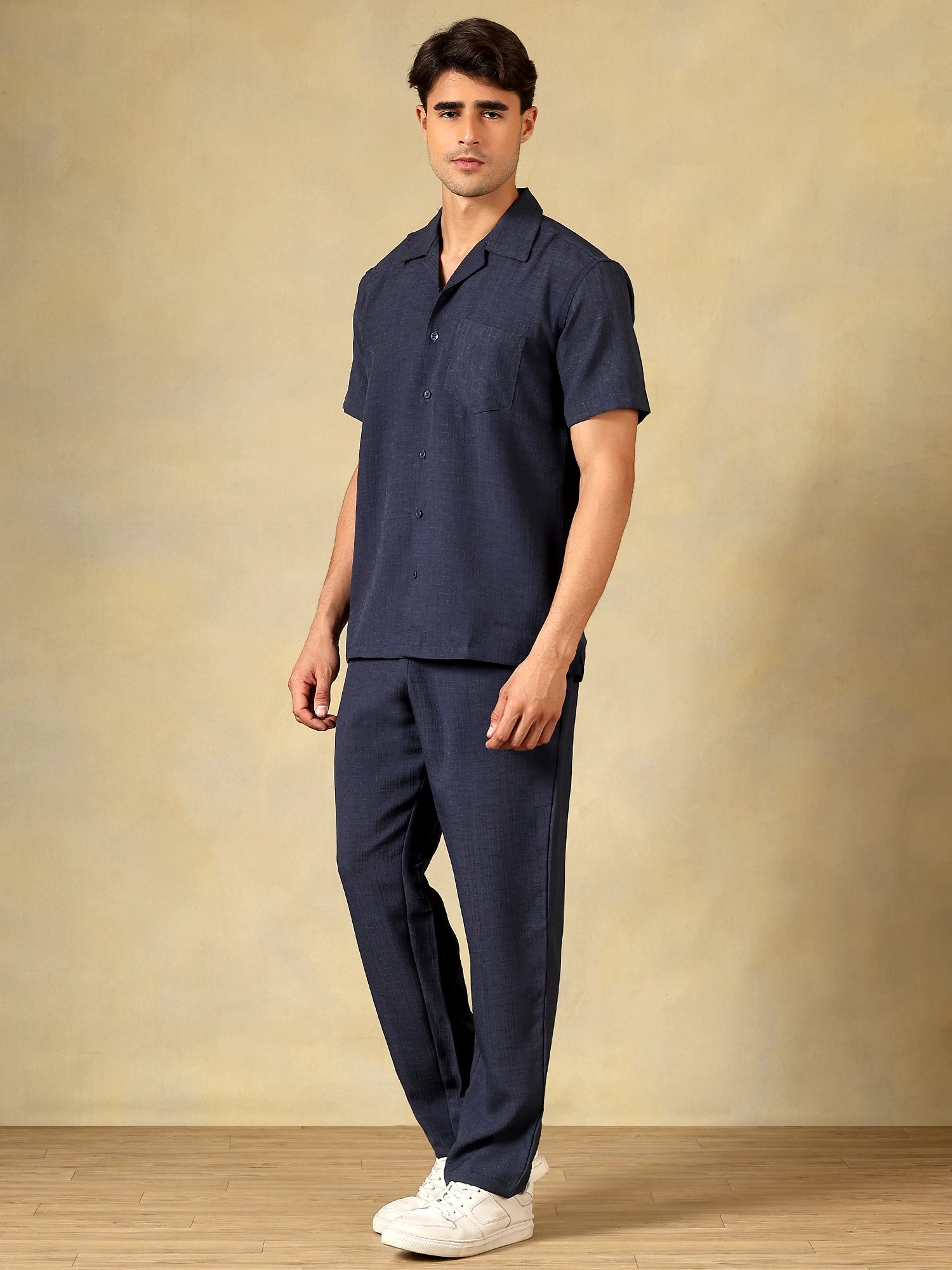 Linen Blend Navy Blue Co-Ord Set For Men