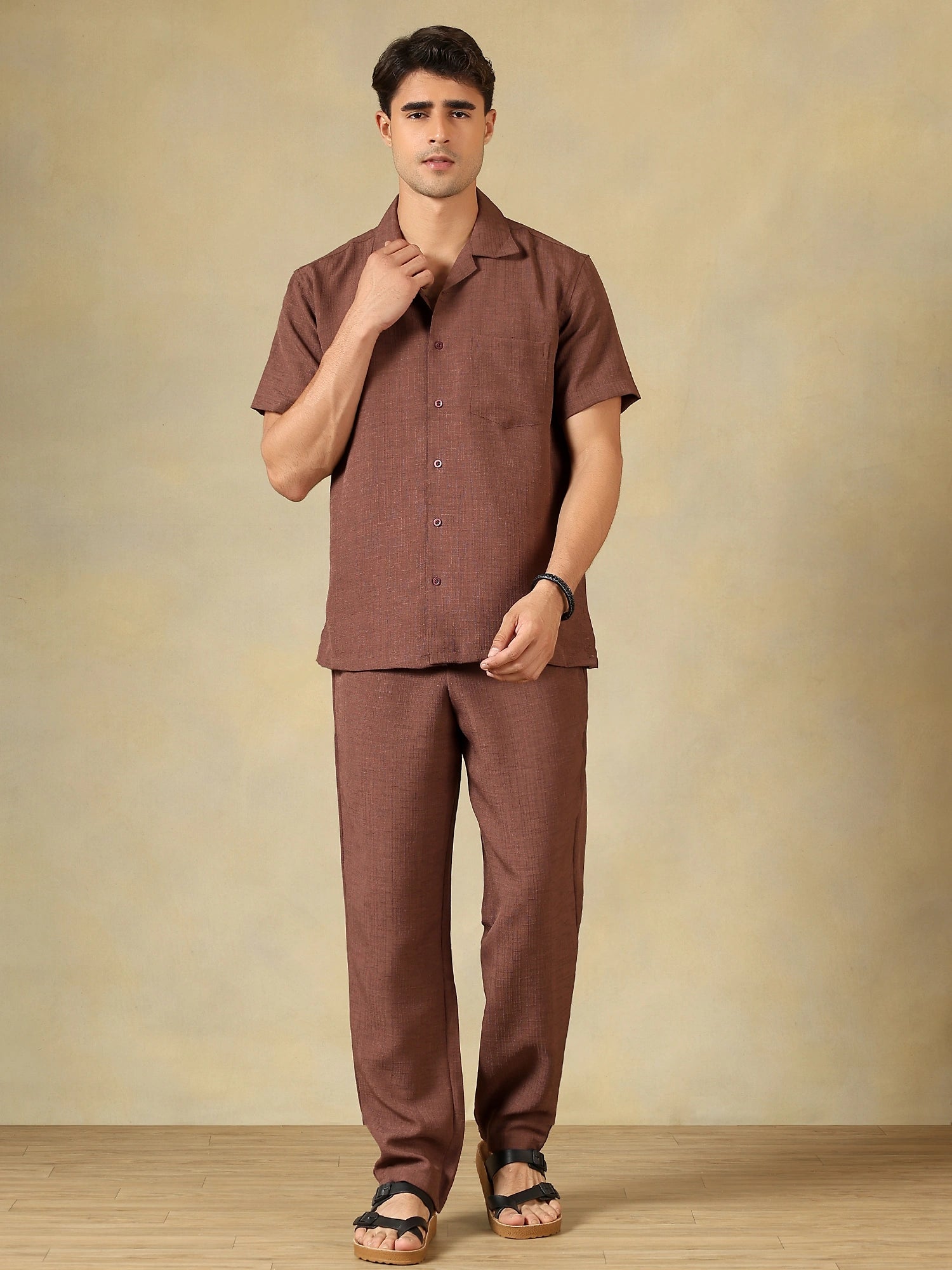 Linen Blend brown Co-Ord Set For Men