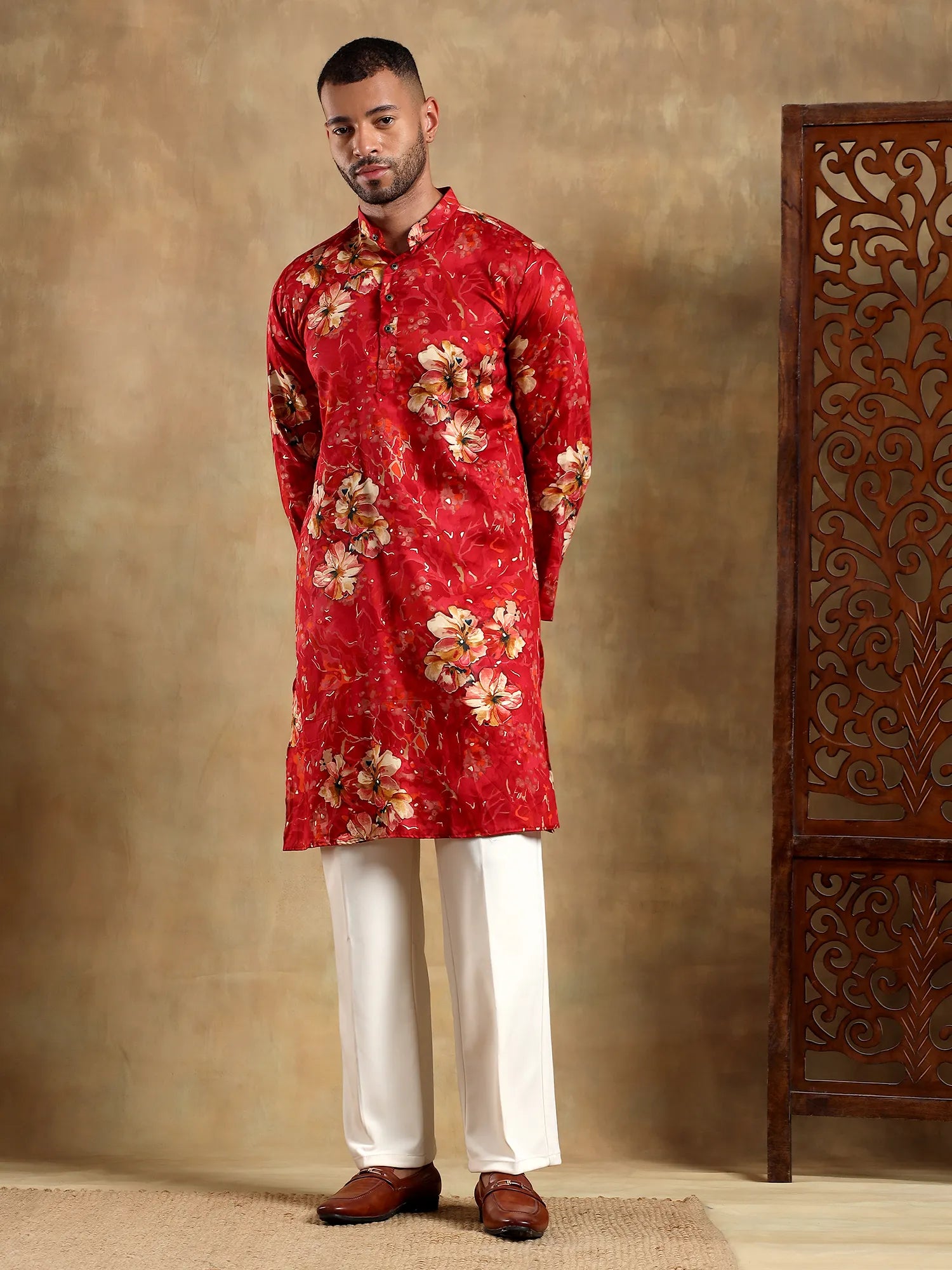 Red Floral gold Foil Long Kurta