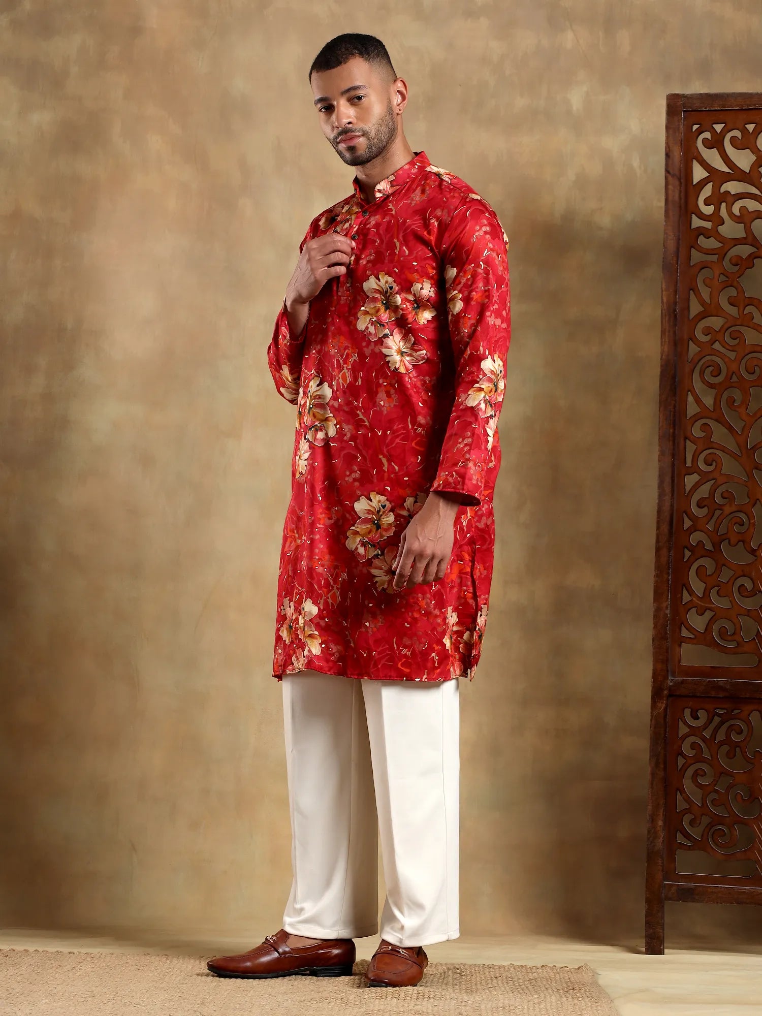 Red Floral gold Foil Long Kurta
