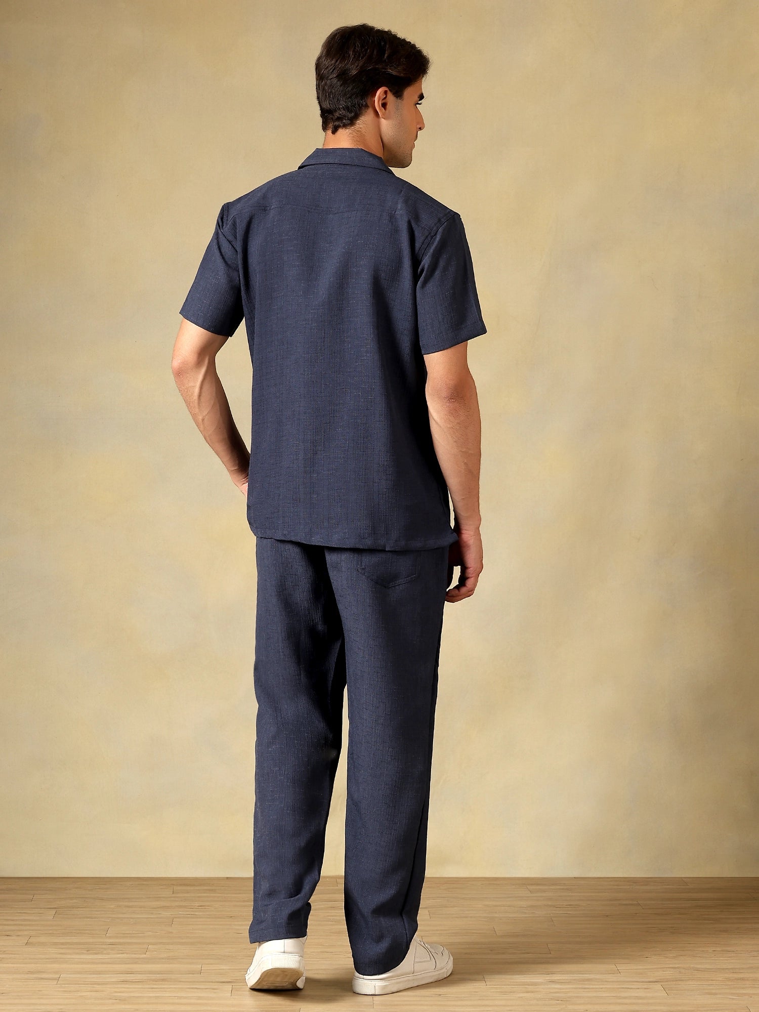 Linen Blend Navy Blue Co-Ord Set For Men