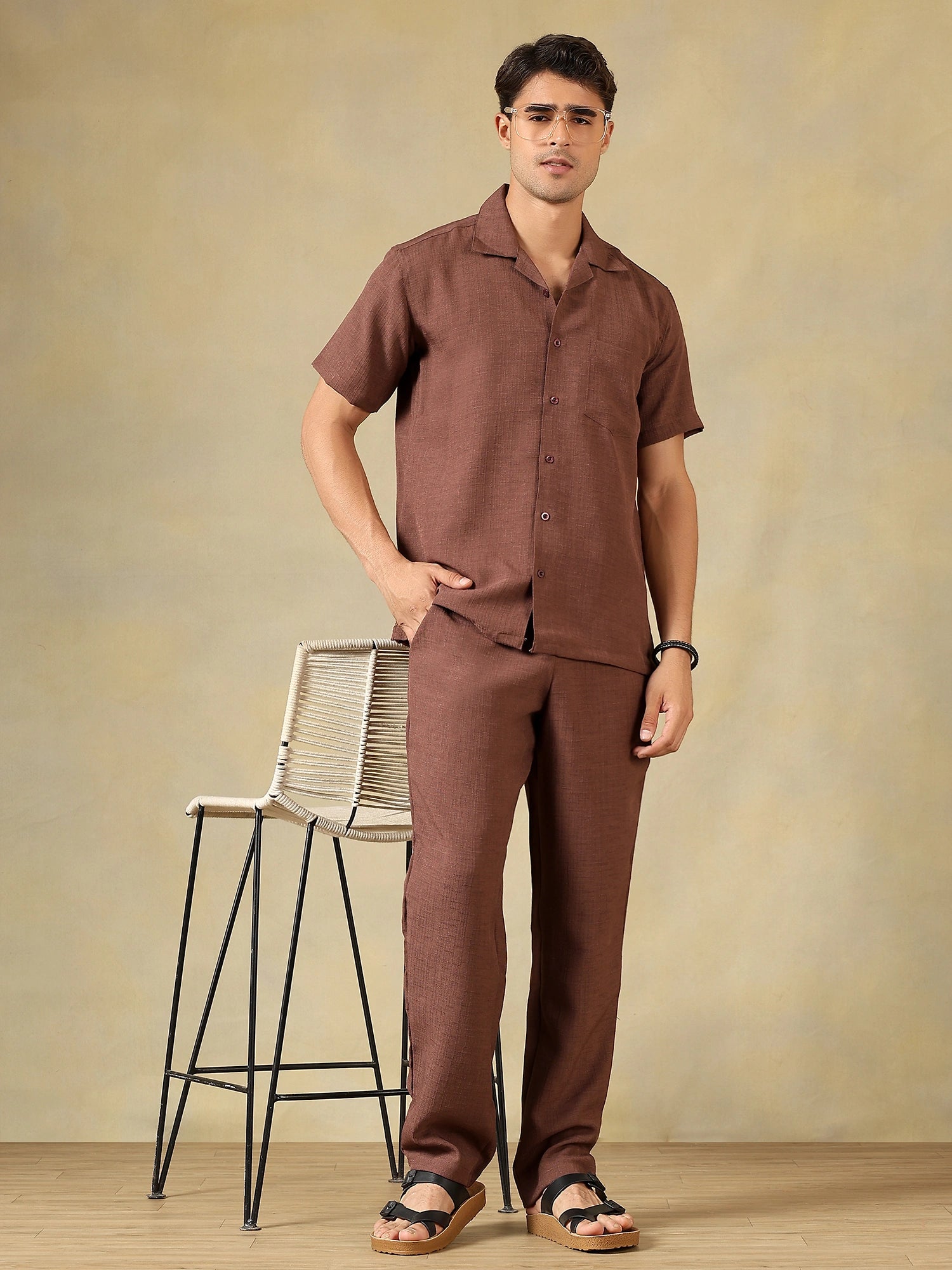 Linen Blend brown Co-Ord Set For Men