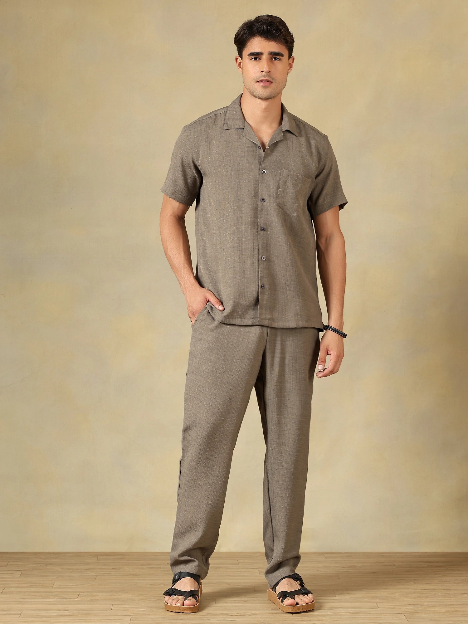 Linen Blend Taupe Grey Co-Ord Set For Men