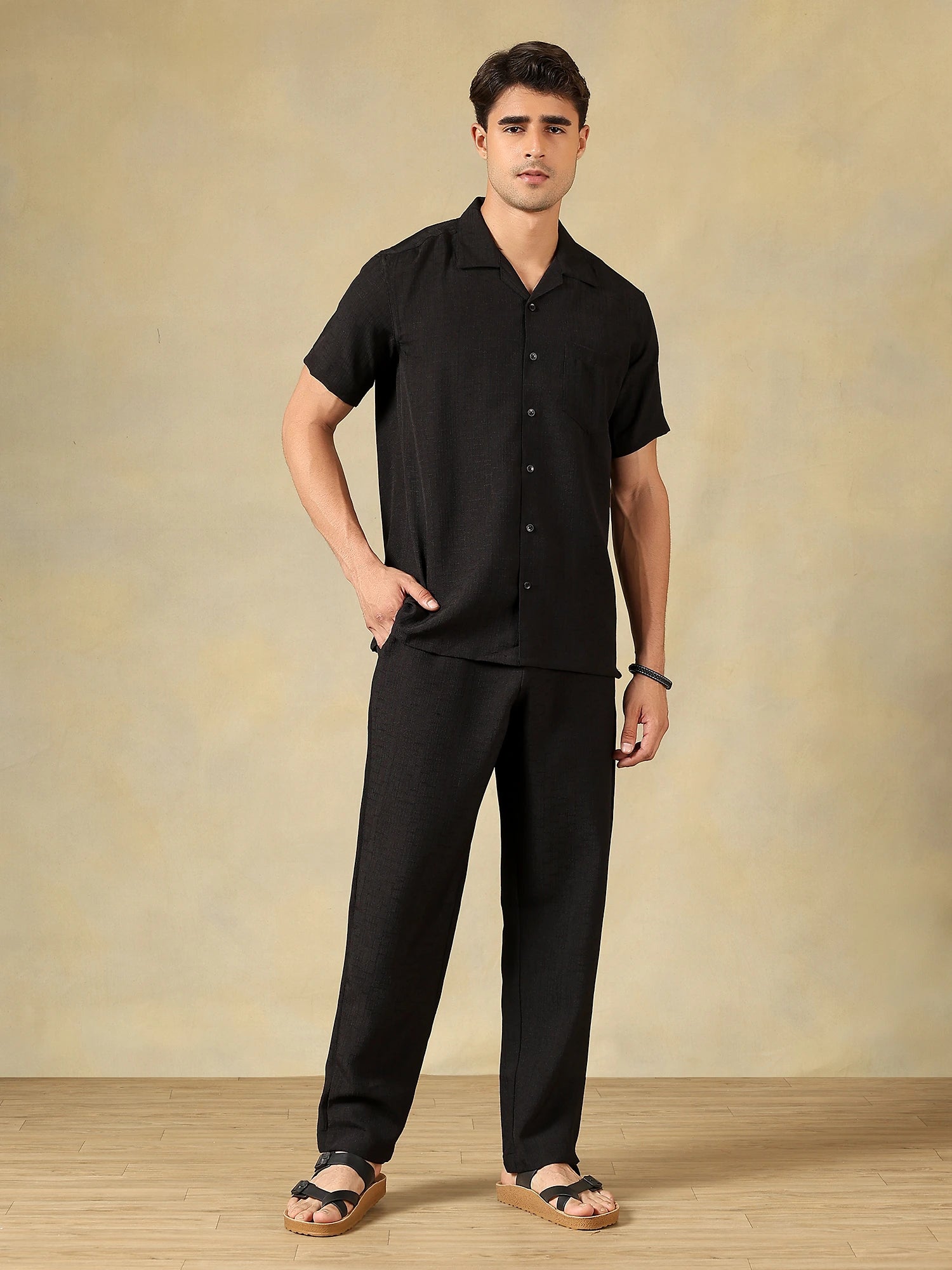 Linen Blend Black Co-Ord Set For Men