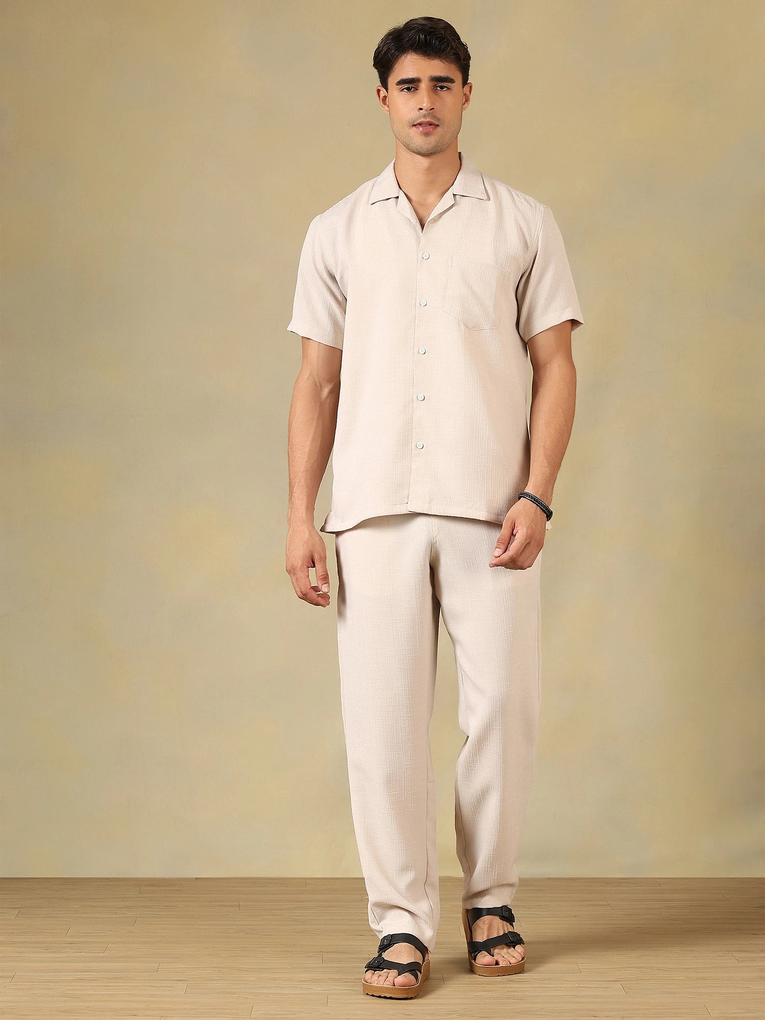 Linen Blend Beige Co-Ord Set For Men