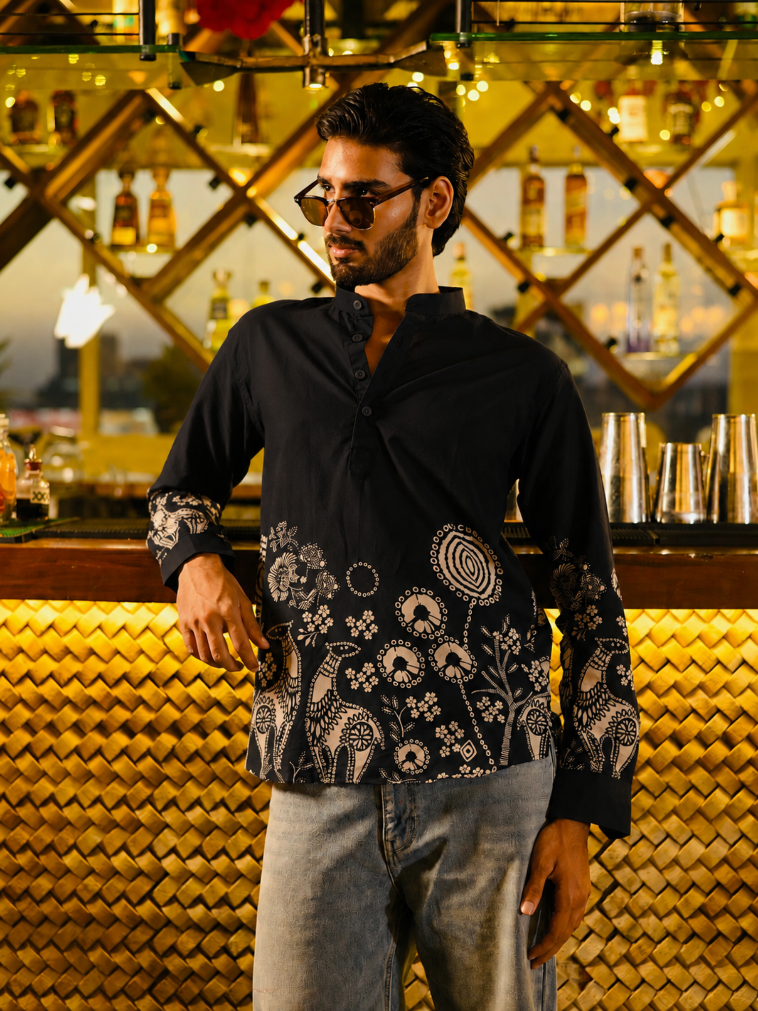 Black Placement Print short kurta