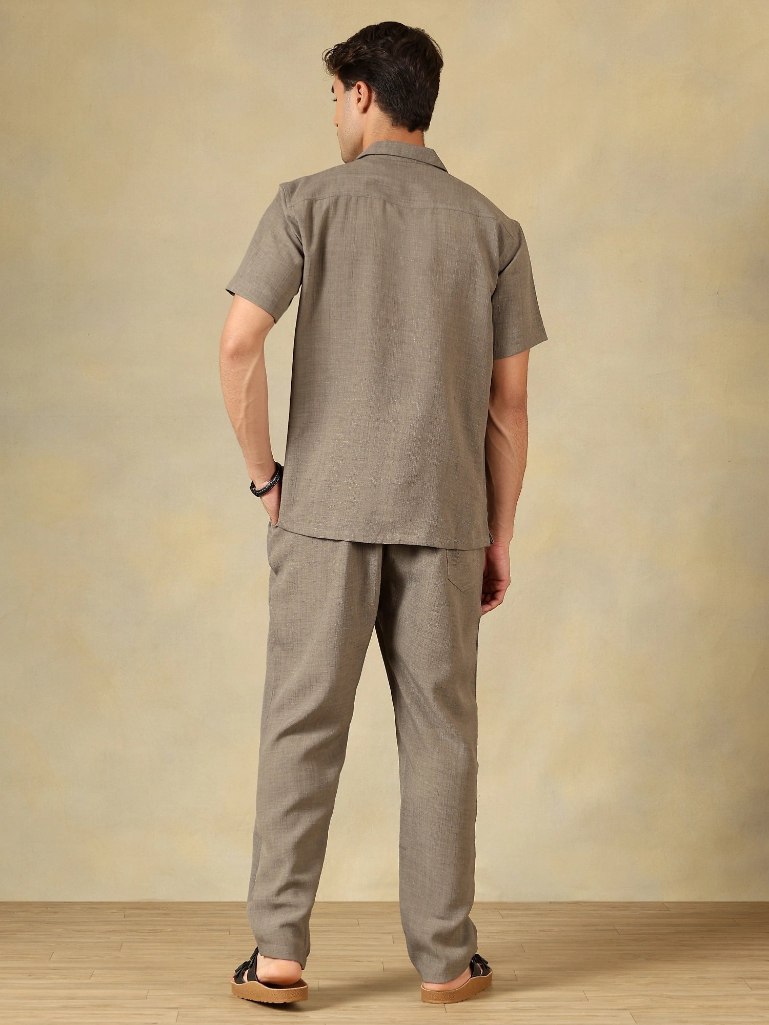 Linen Blend Taupe Grey Co-Ord Set For Men