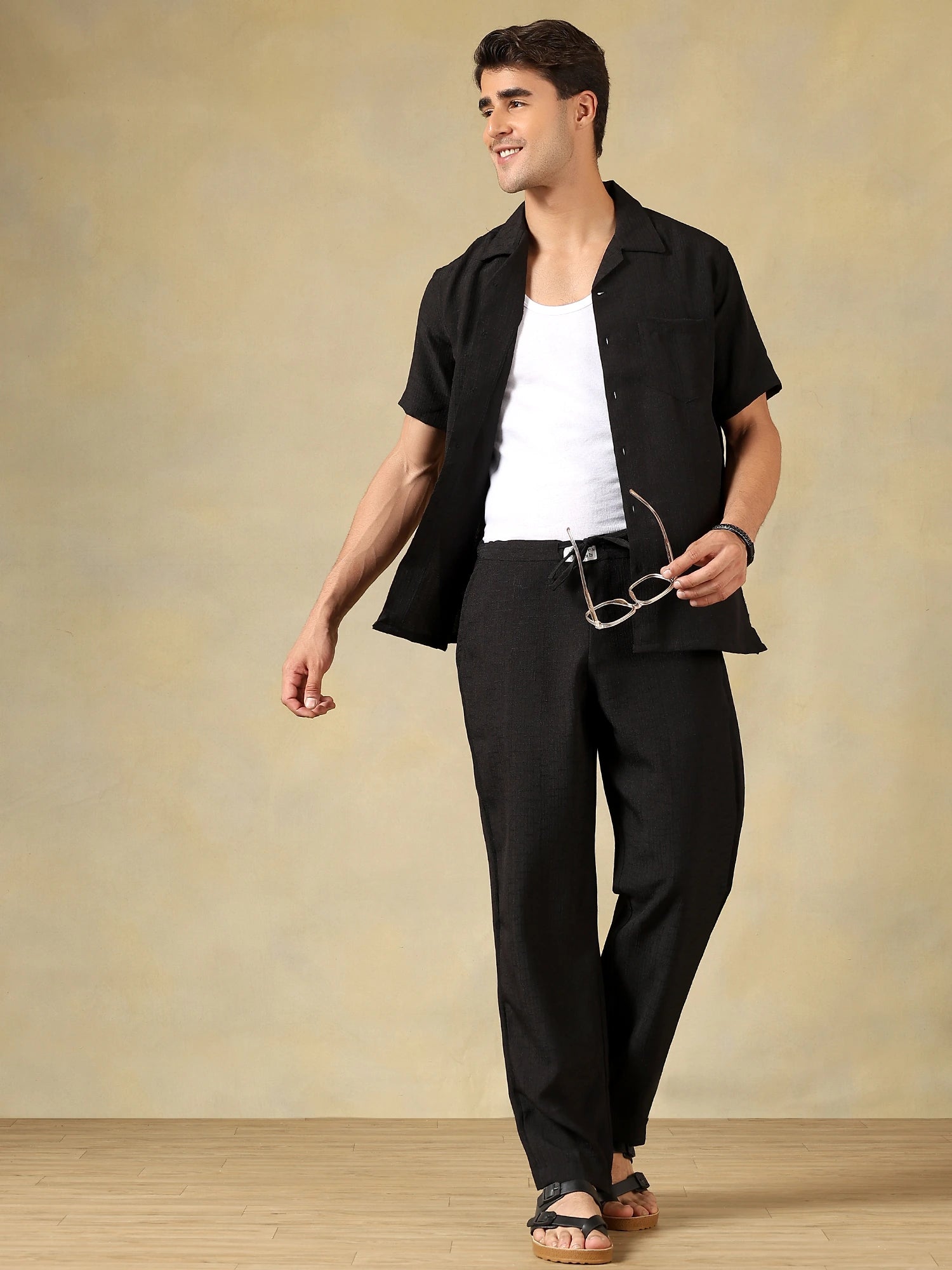 Linen Blend Black Co-Ord Set For Men