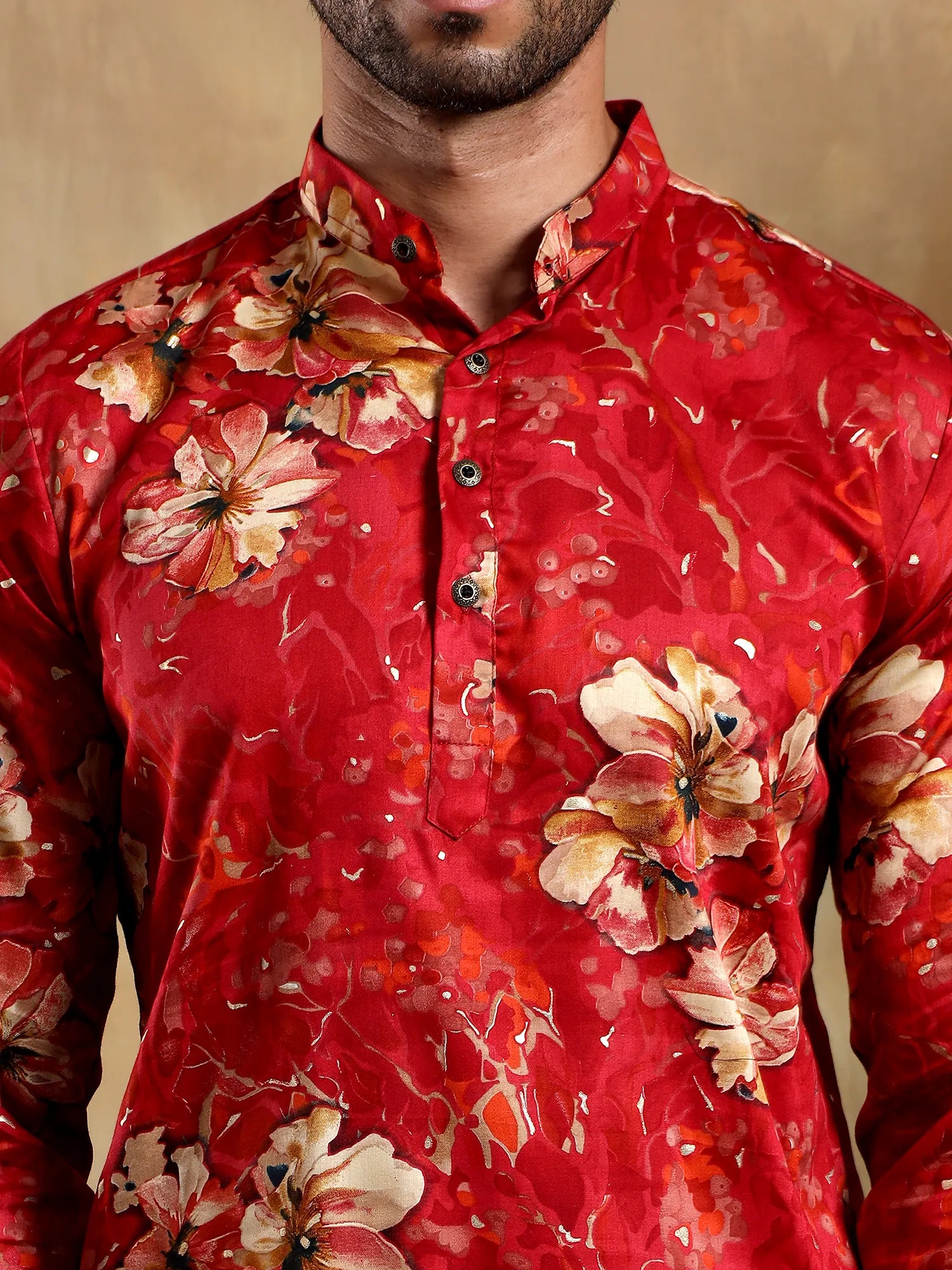 Red Floral gold Foil Long Kurta