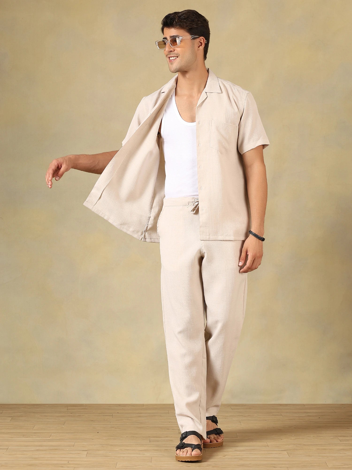 Linen Blend Beige Co-Ord Set For Men