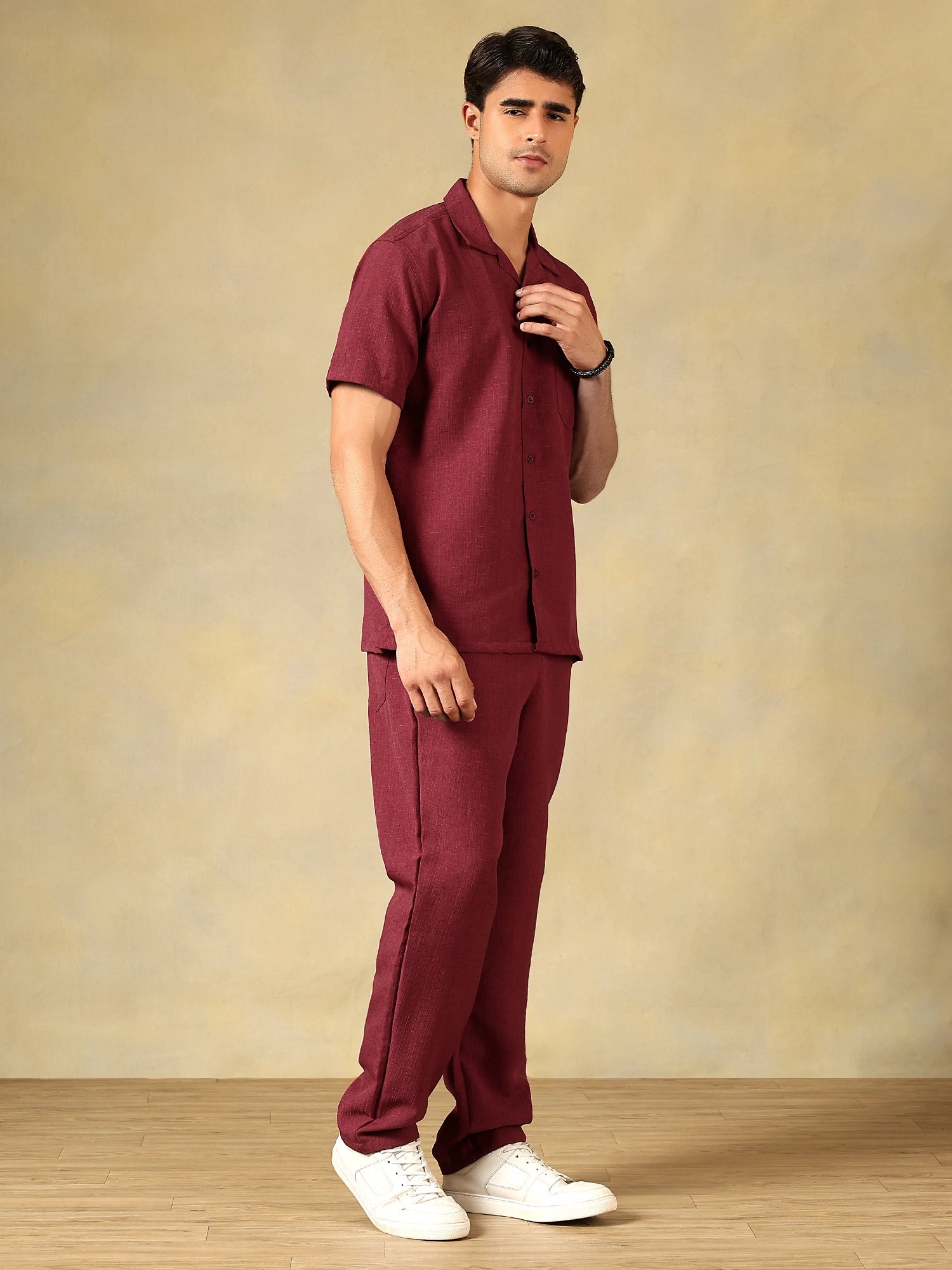 Linen Blend Maroon Co-Ord Set For Men
