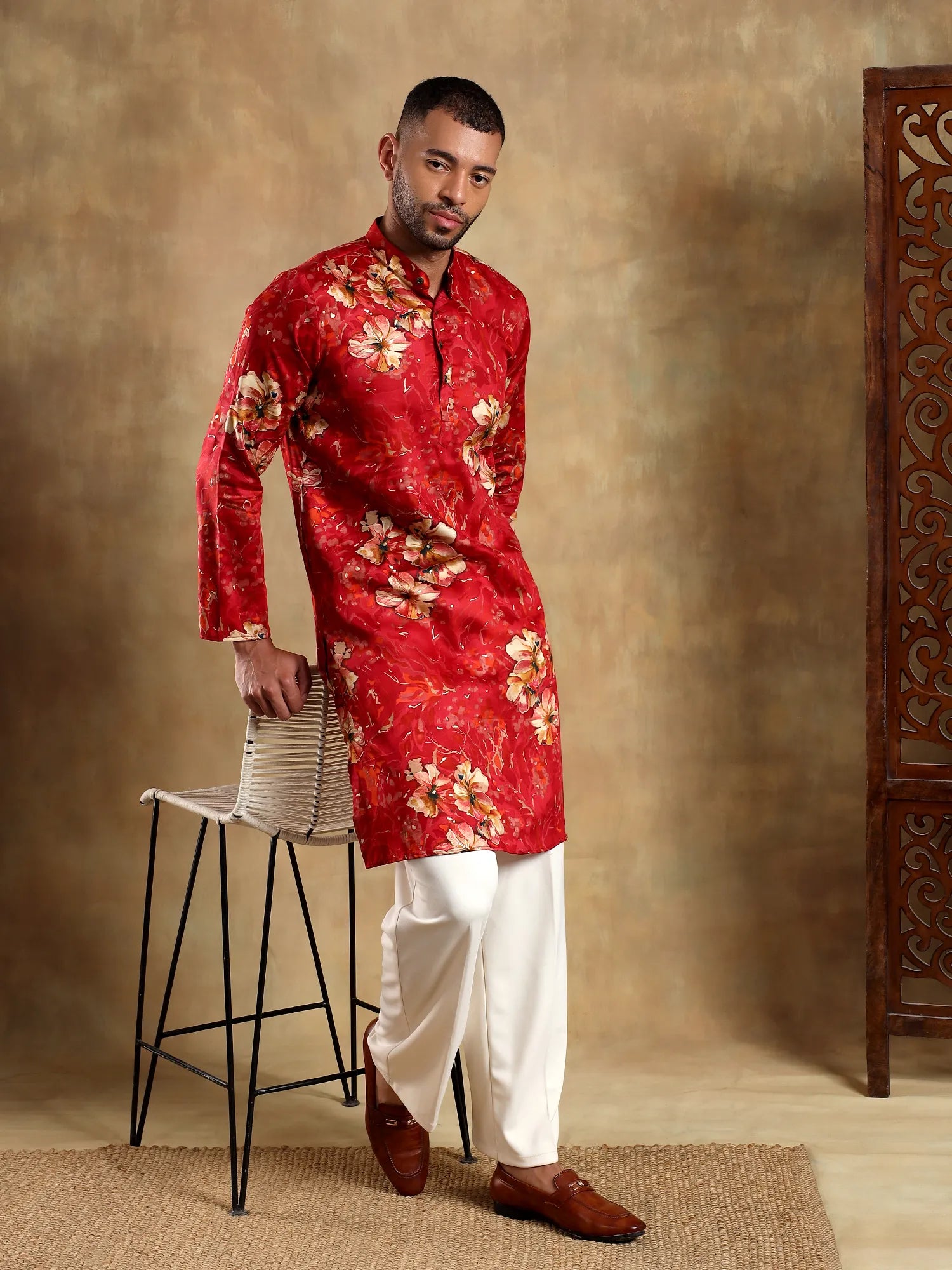 Red Floral gold Foil Long Kurta
