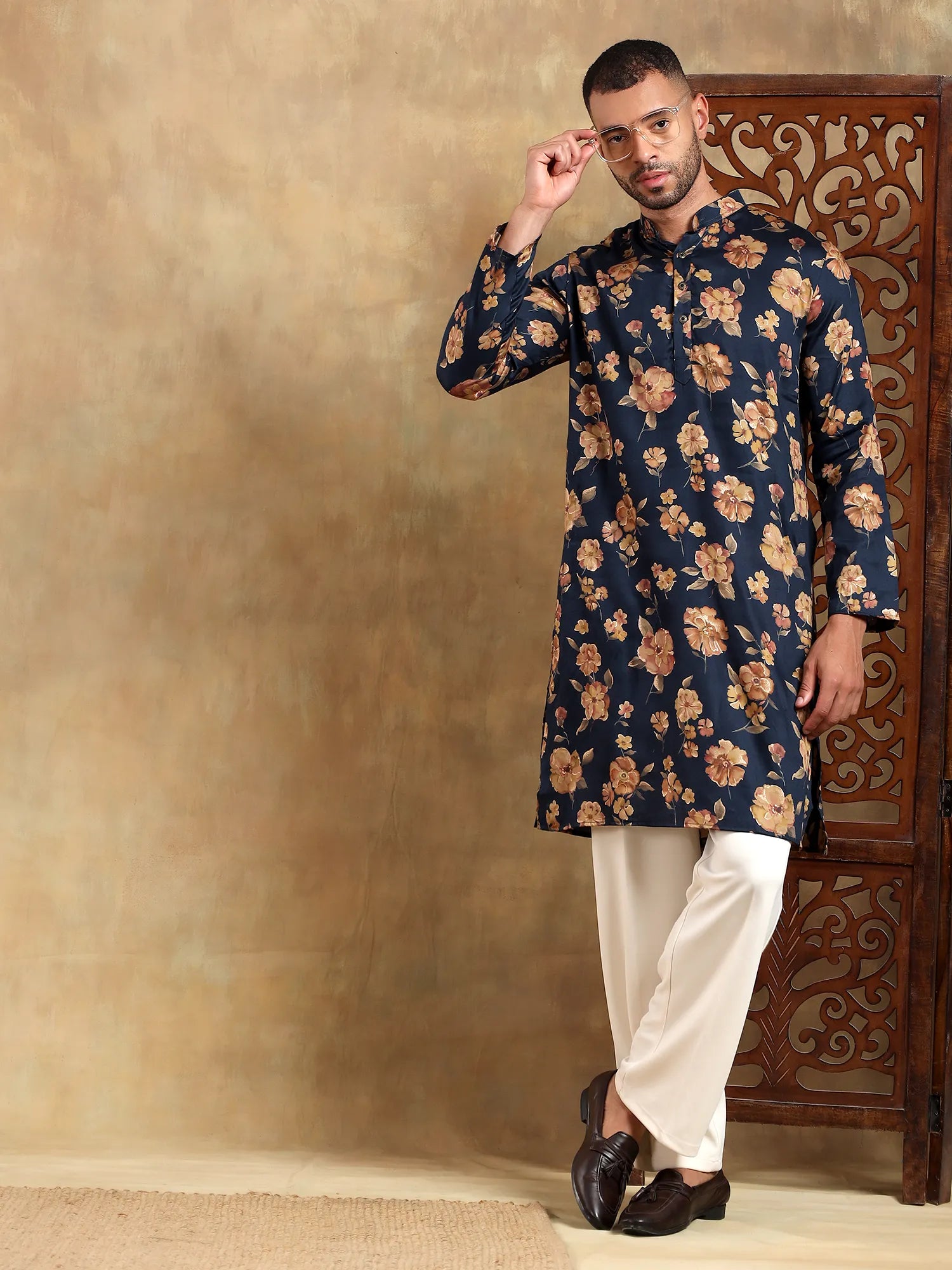 Navy Blue Floral Printed Long Kurta