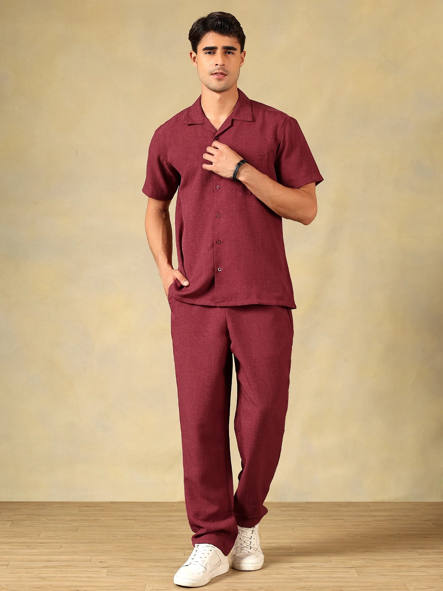 Linen Blend Maroon Co-Ord Set For Men