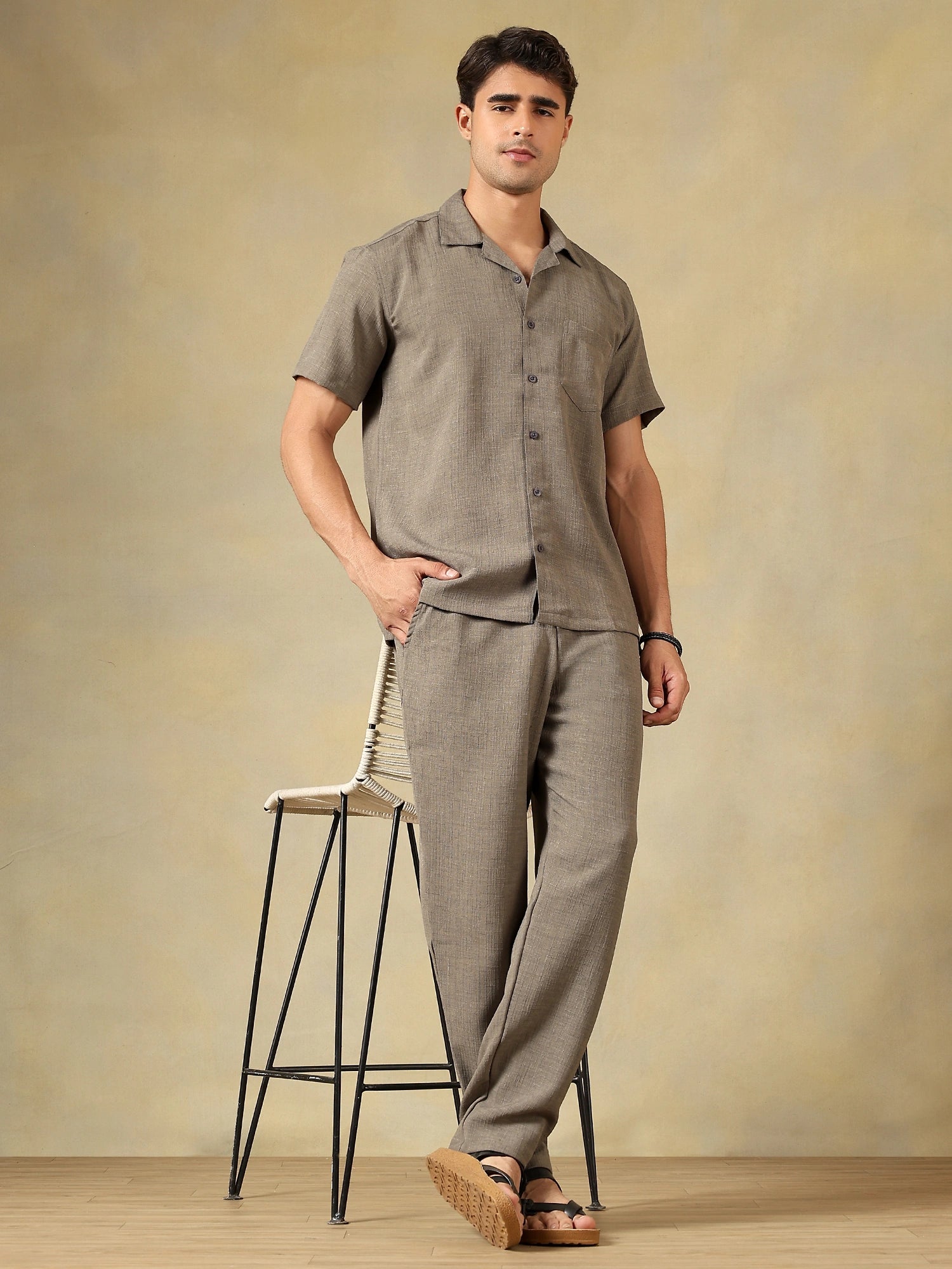 Linen Blend Taupe Grey Co-Ord Set For Men