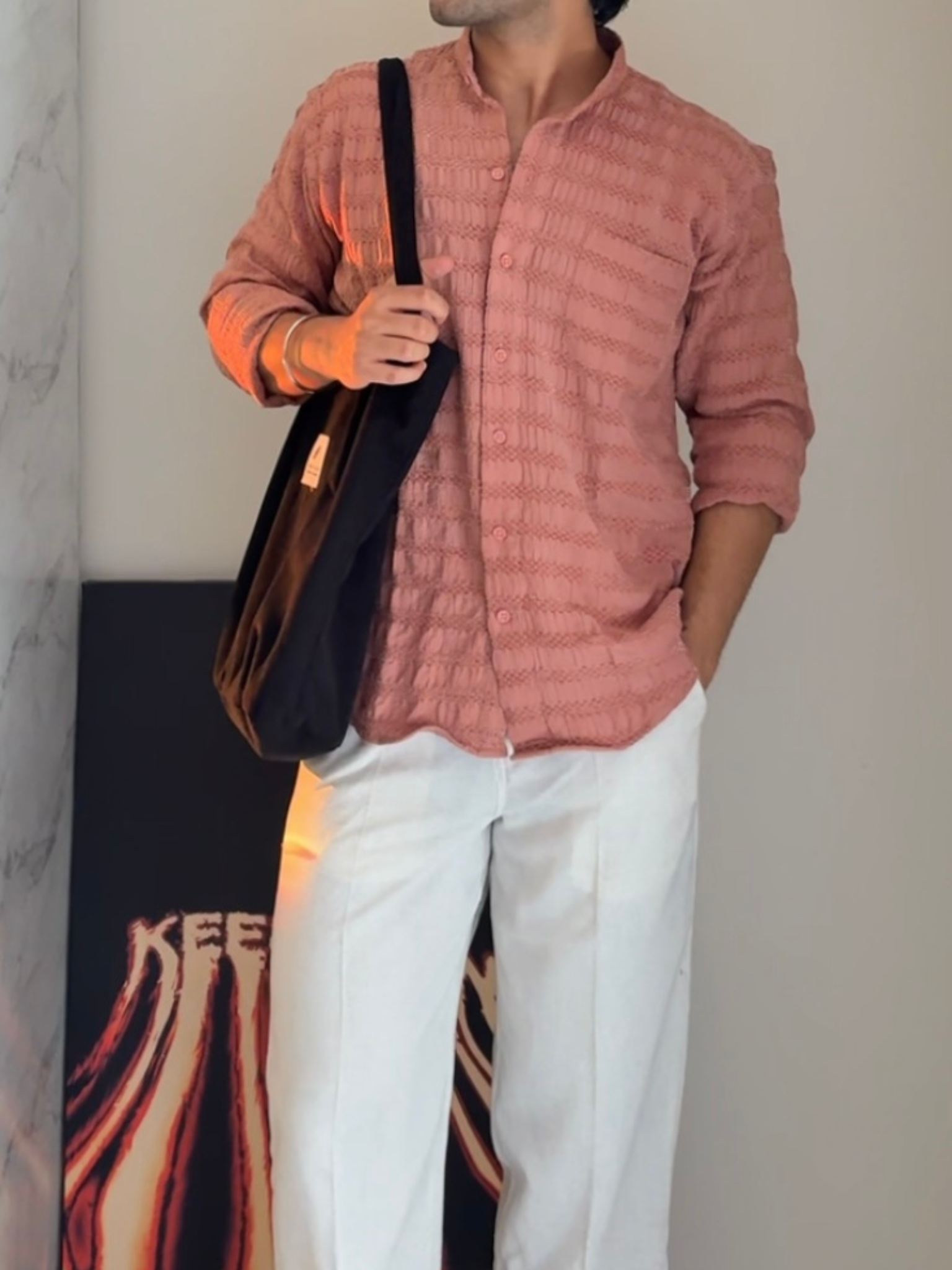 Dusky Pink Texture Mandarin Collar Full Sleeves Shirt