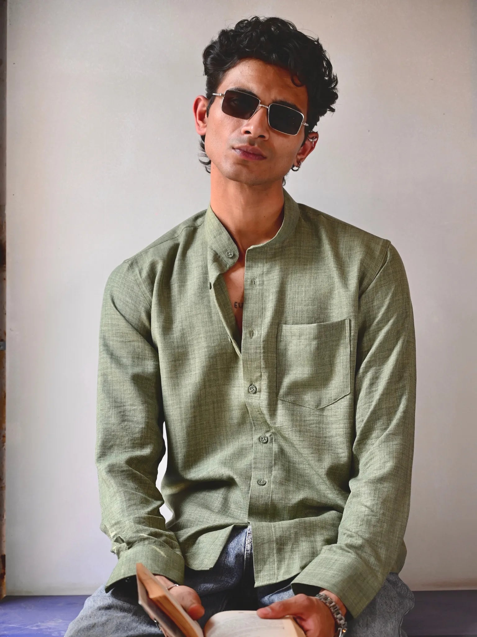 green Linen Blend Mandarin collar Full Sleeves Shirt