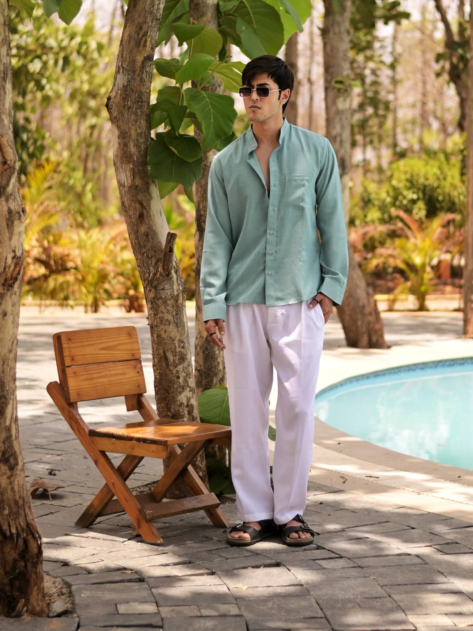 Sky Blue Linen Blend Mandarin collar Full Sleeves Shirt