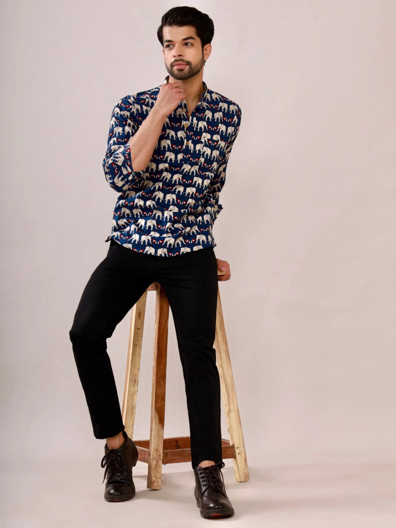 Navy Blue Elephant Umbrella Printed Short Kurta