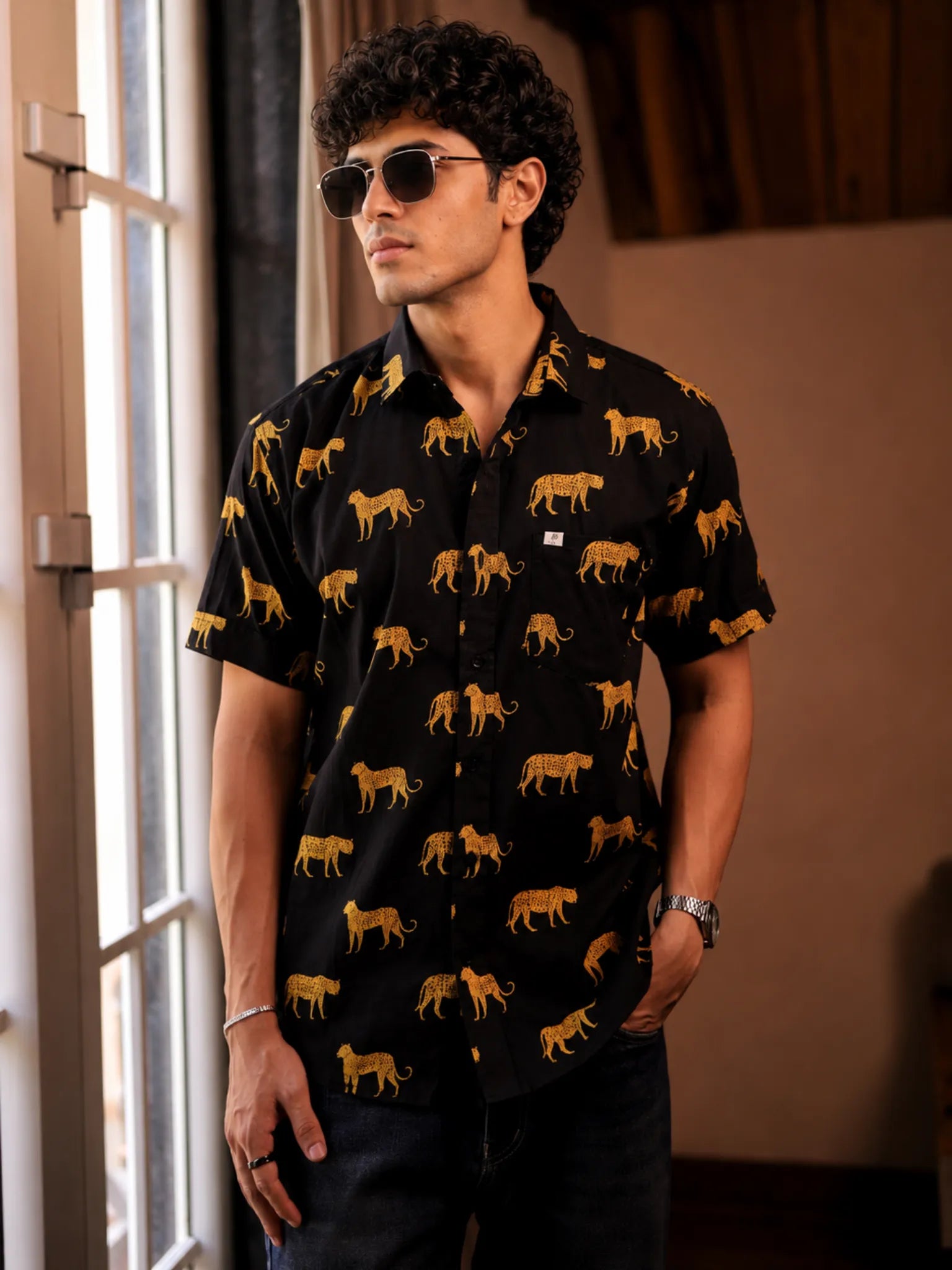 Black-yellow Cheetah half Sleeves Shirt