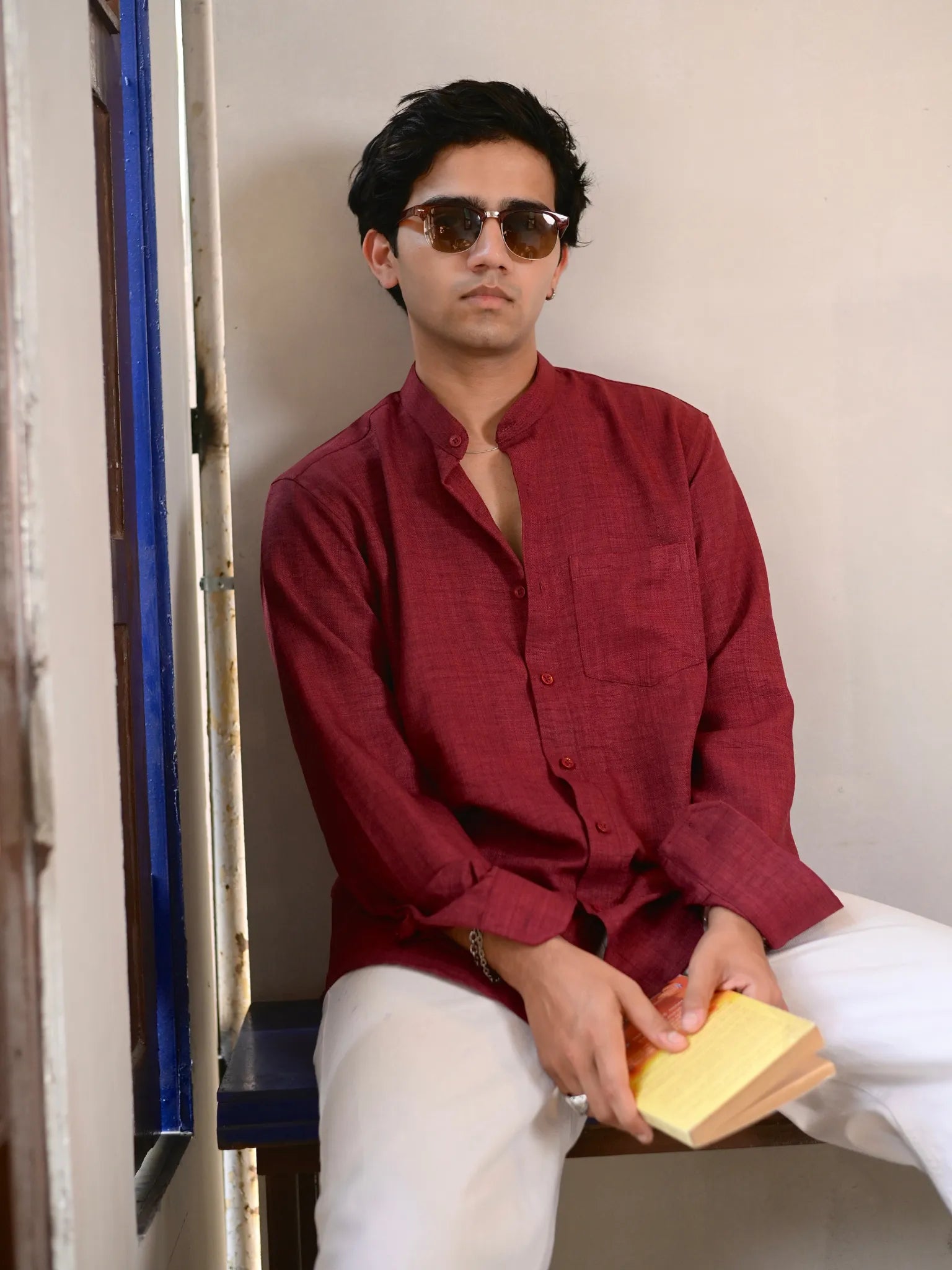 Maroon Linen Blend Mandarin collar Full Sleeves Shirt