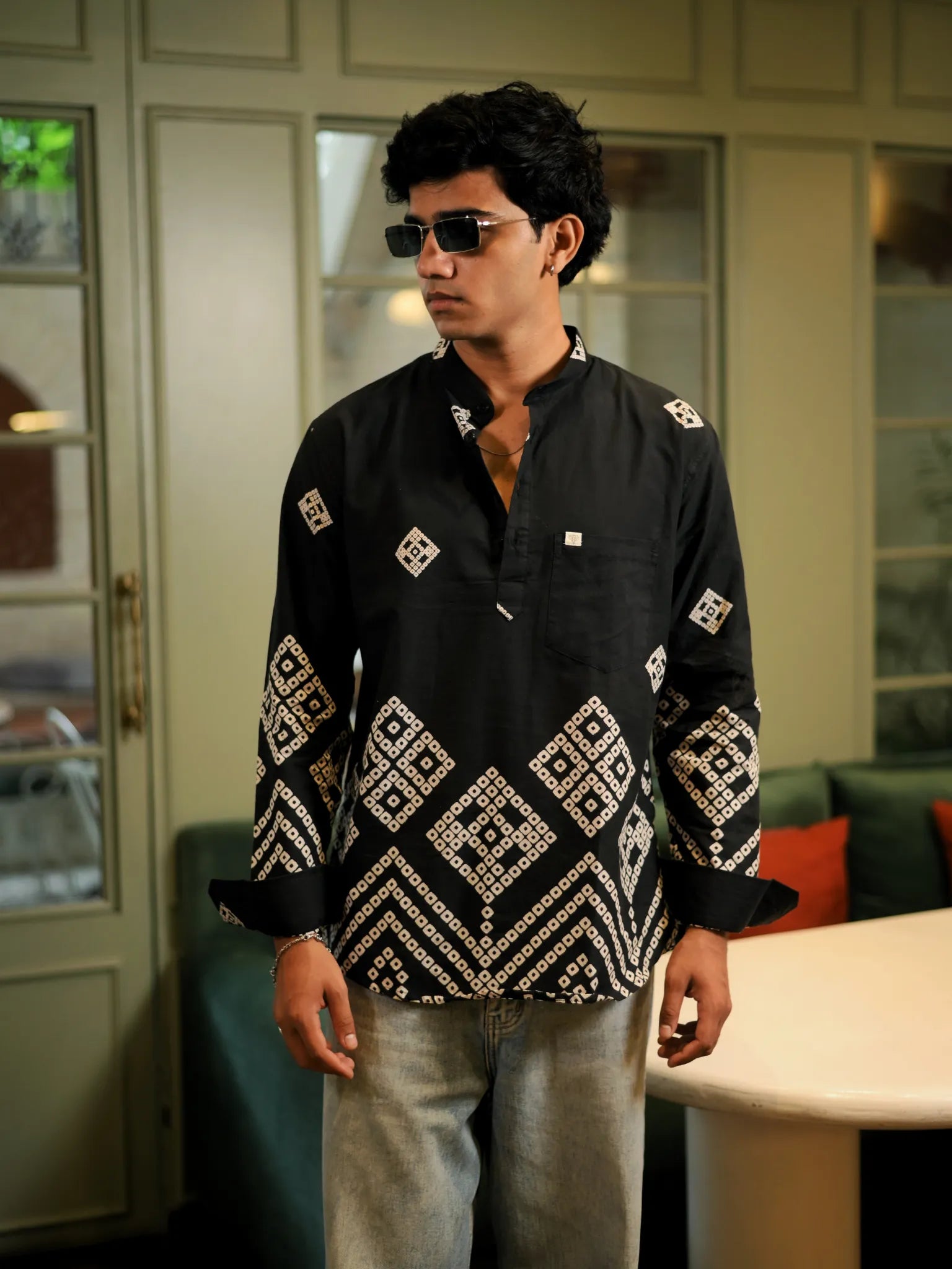Black Bandej Placement Short Kurta