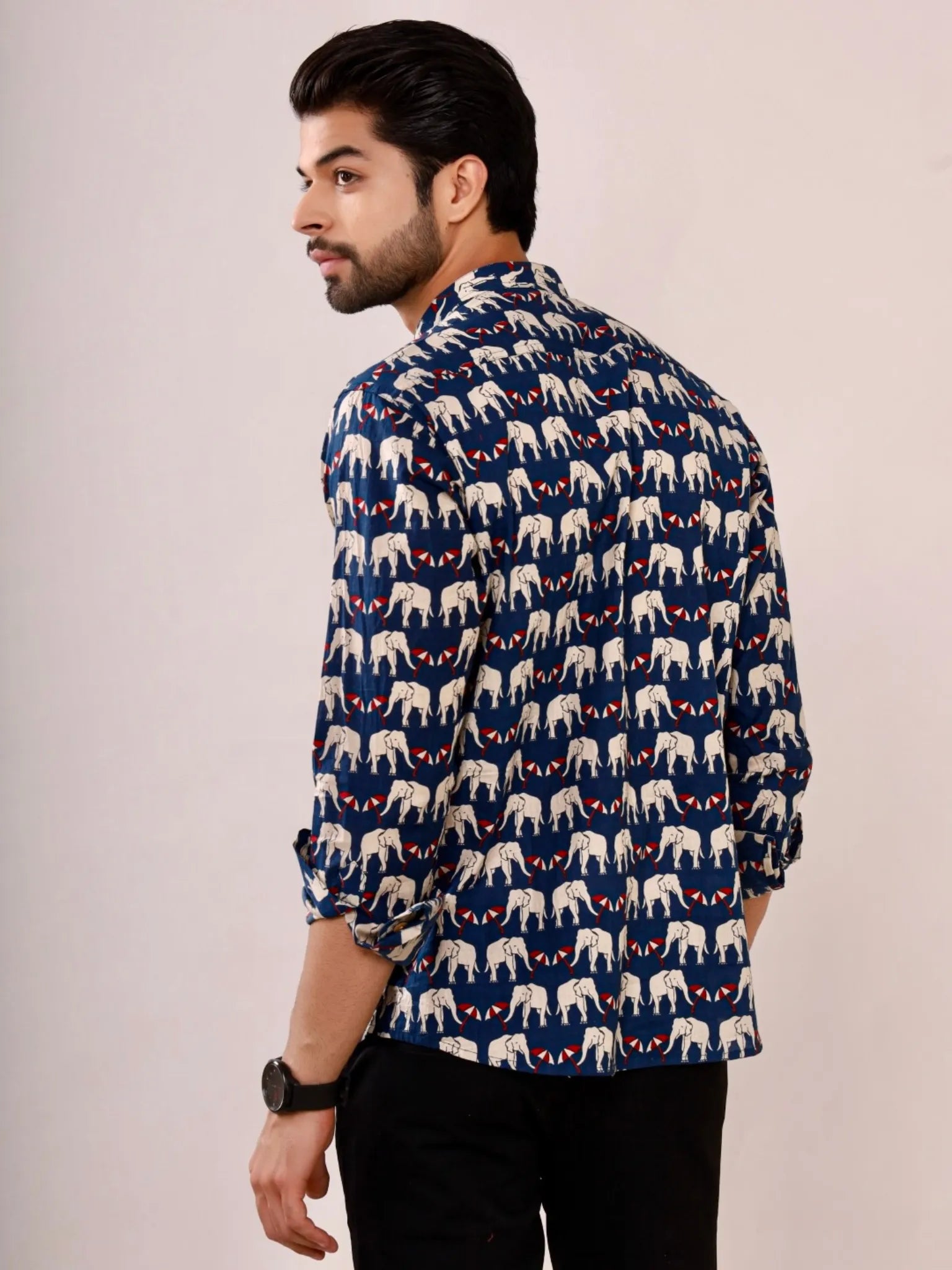 Navy Blue Elephant Umbrella Printed Short Kurta