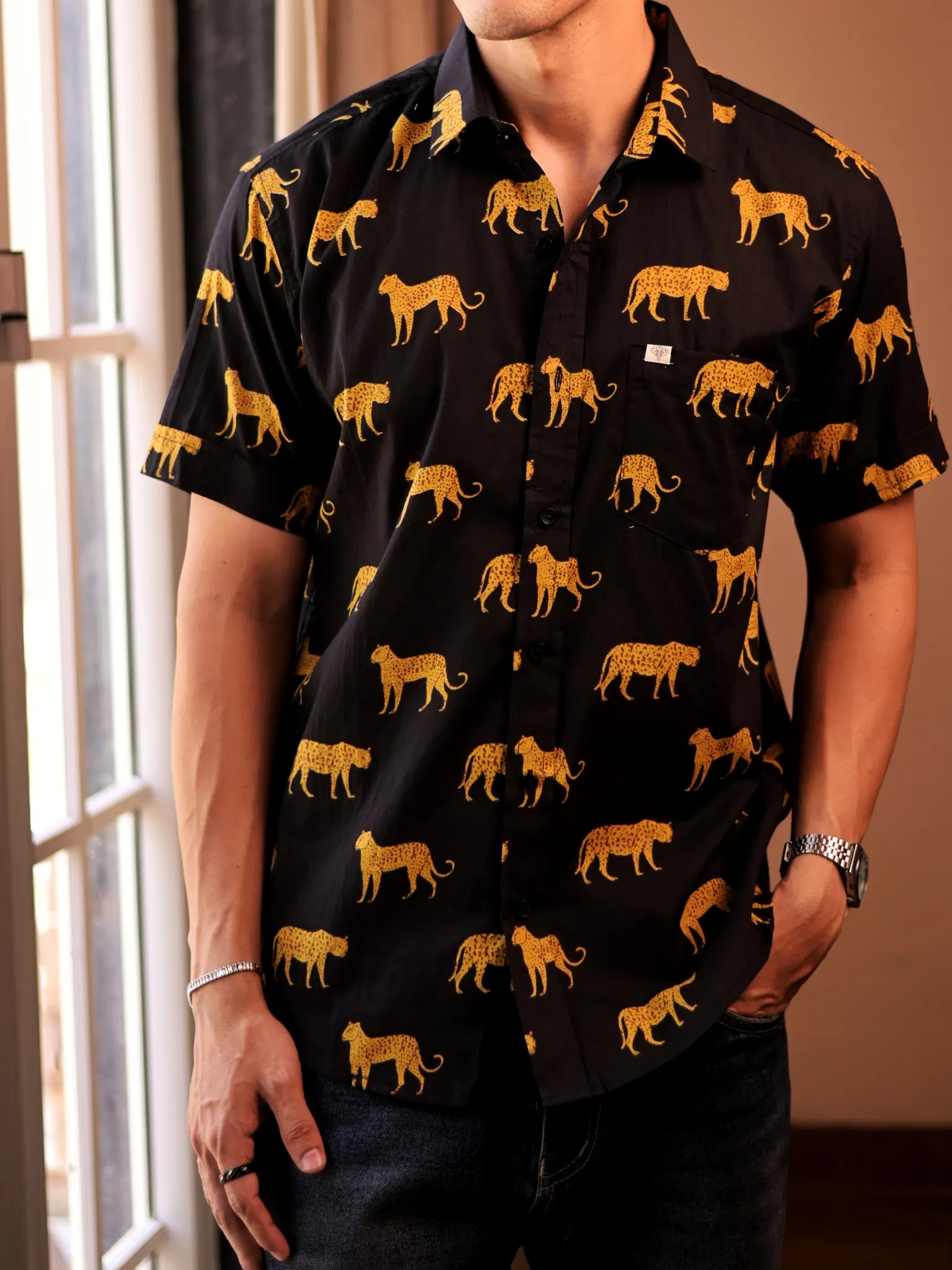 Black-yellow Cheetah half Sleeves Shirt