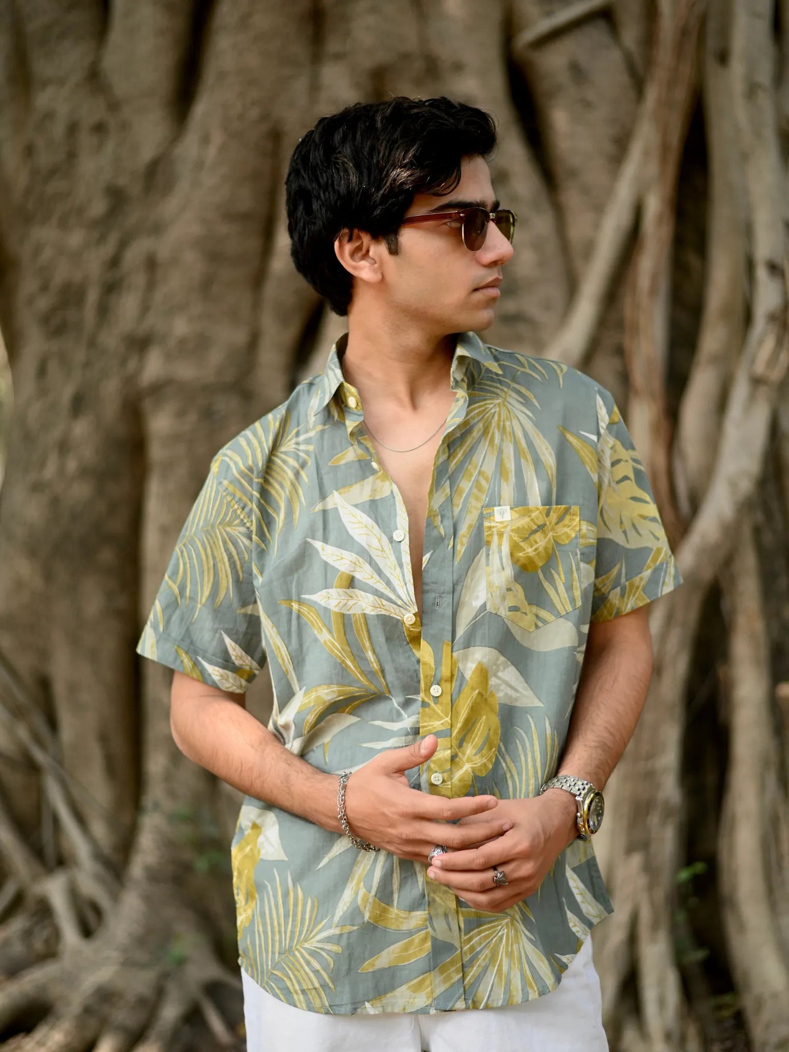 Olive Resort Leaf Half Sleeves Shirt