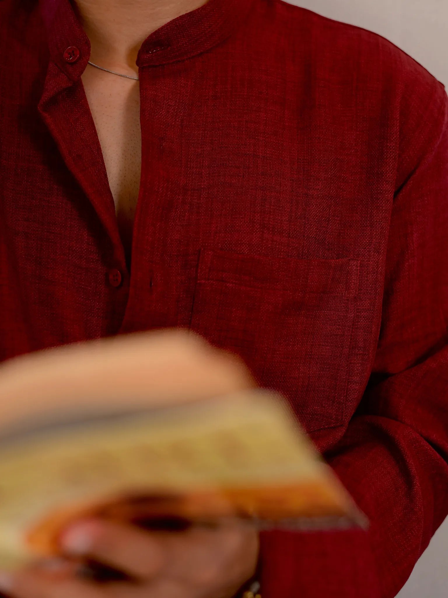 Maroon Linen Blend Mandarin collar Full Sleeves Shirt