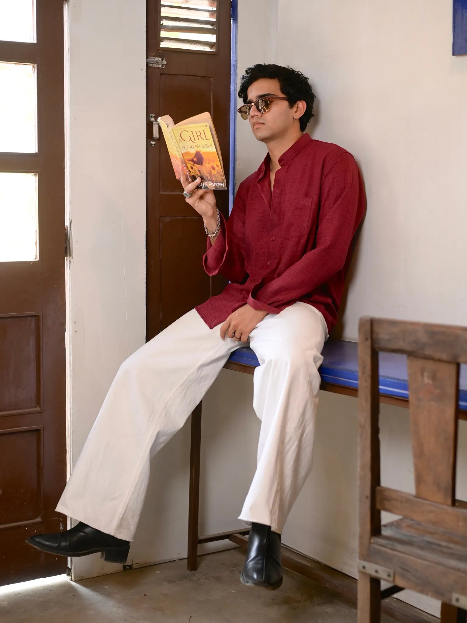 Maroon Linen Blend Mandarin collar Full Sleeves Shirt