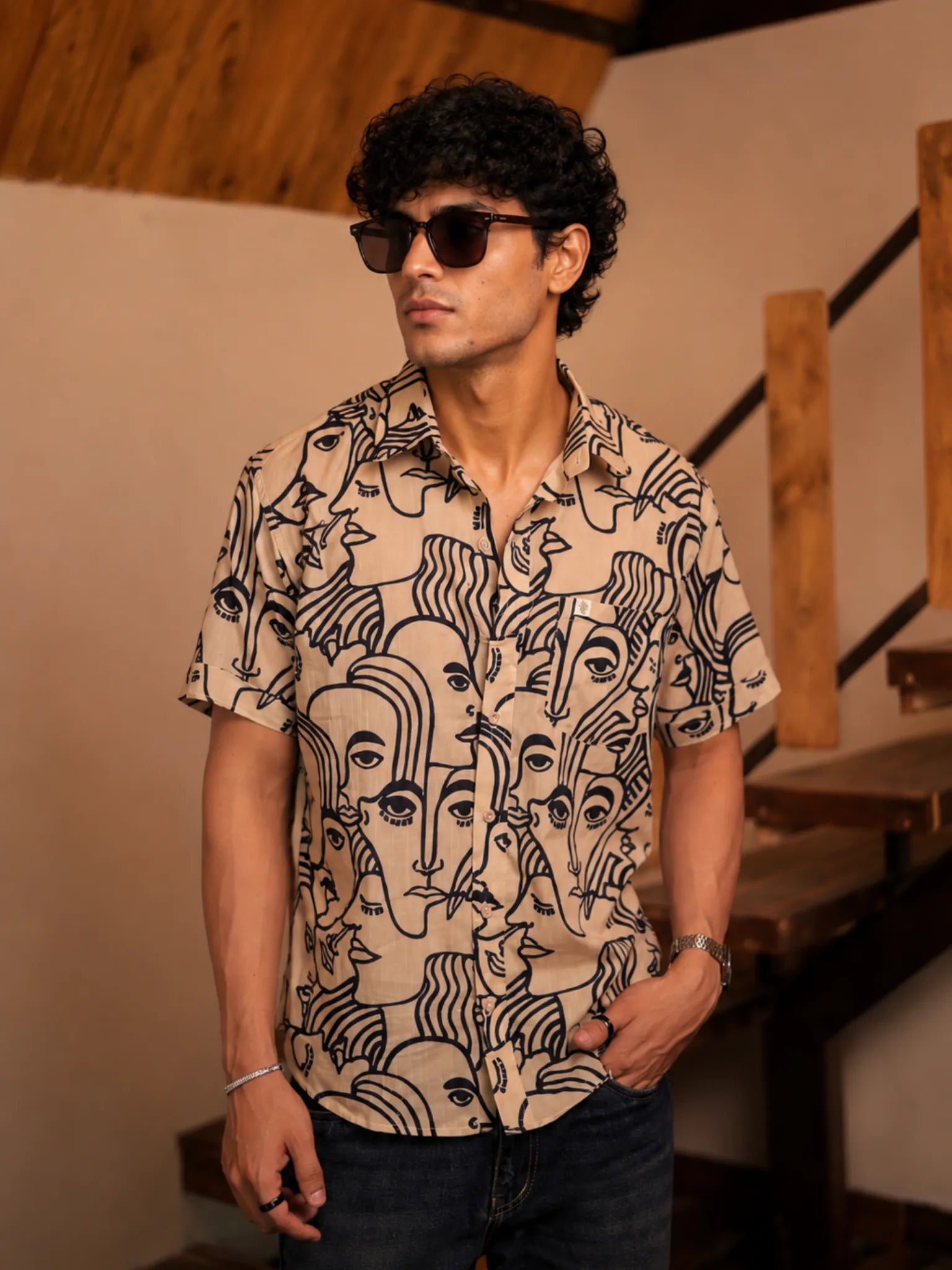 Cream Blue Faceart half Sleeves Shirt