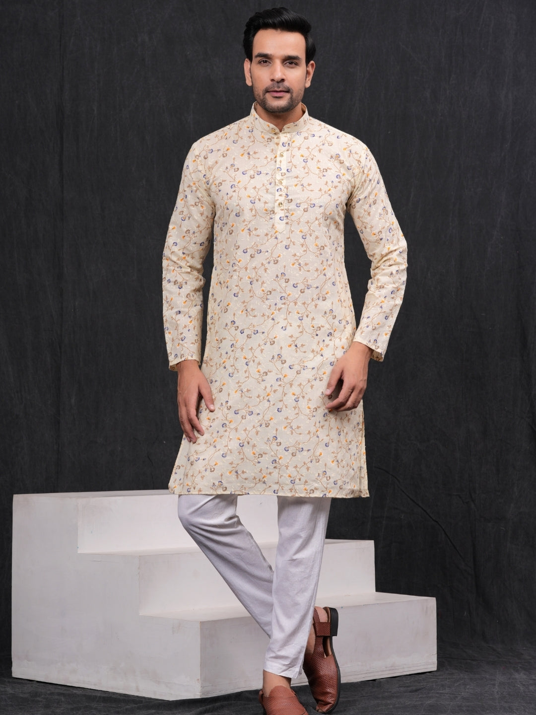 Cream Chikankari Leaf Printed Kurta & Pajama Set