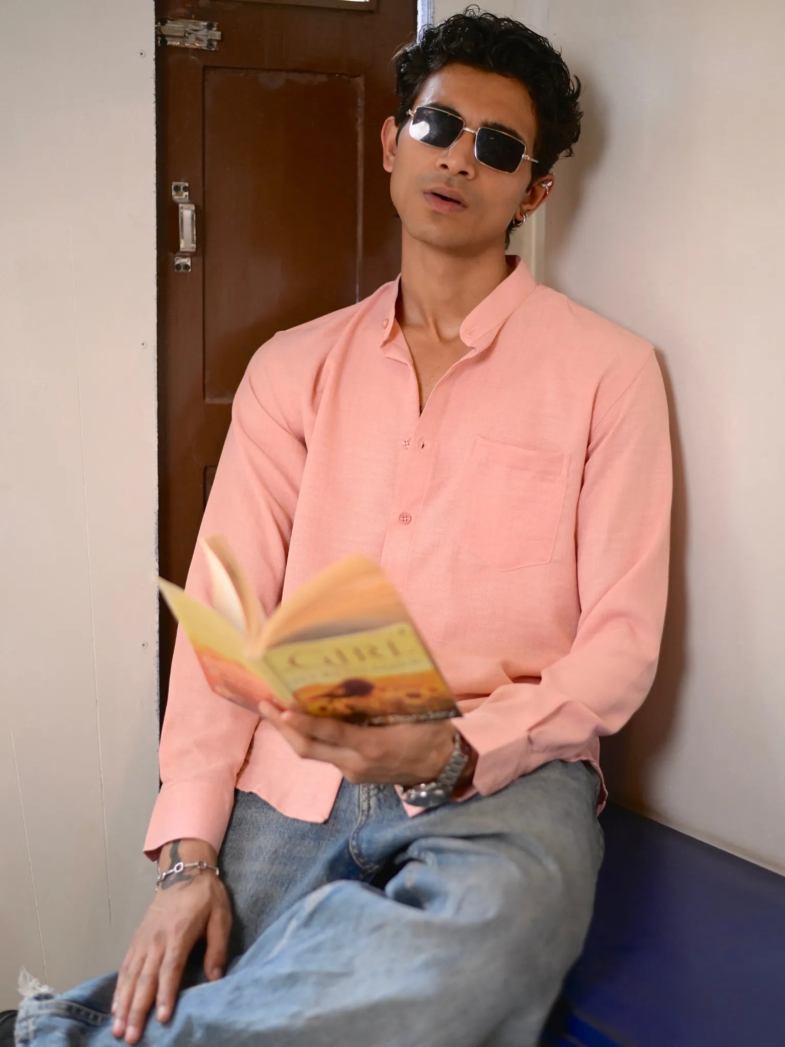 Baby Pink Linen Blend Mandarin collar Full Sleeves Shirt