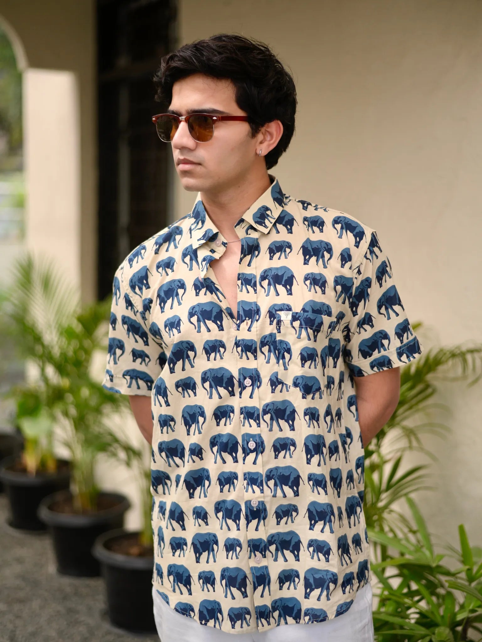 Cream Elephant Trail Half Sleeves Shirt