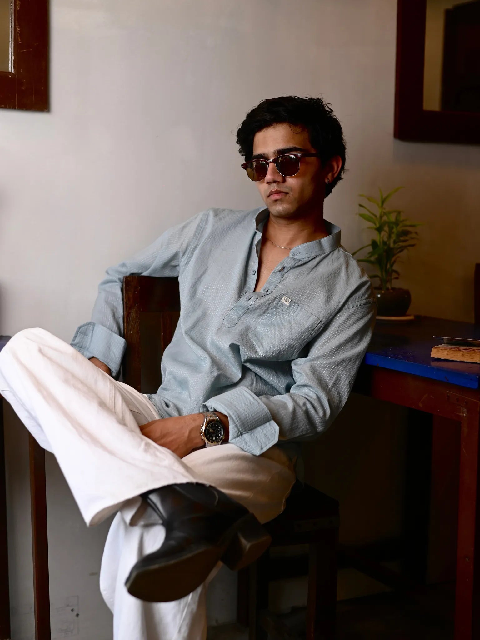 Sky Blue Kantha thread work Short Kurta