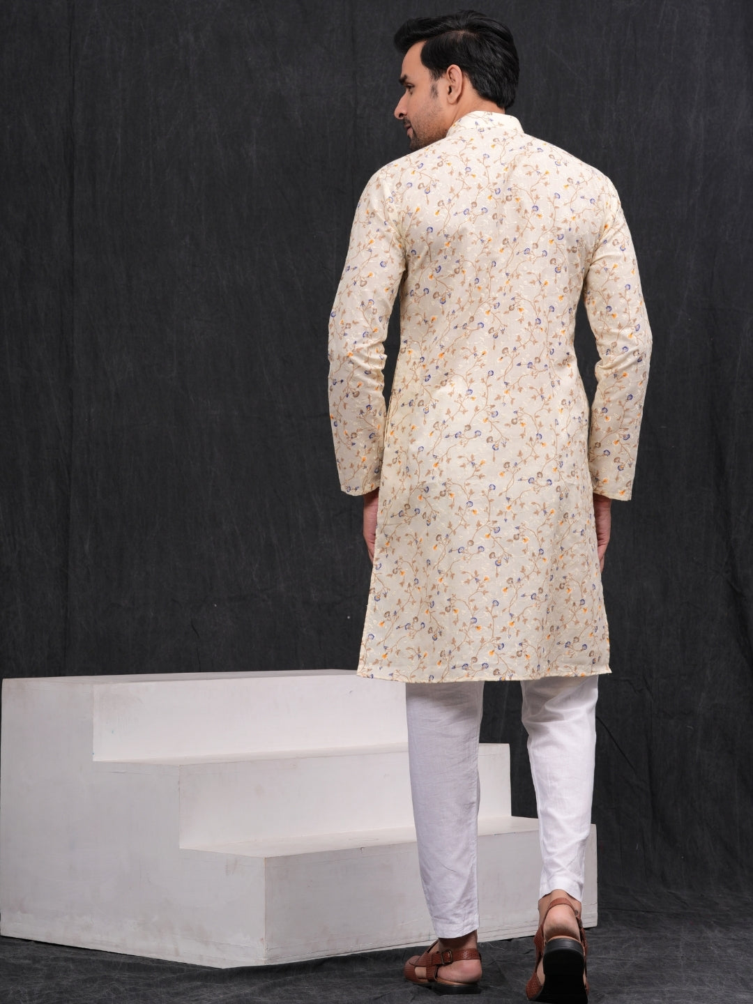 Cream Chikankari Leaf Printed Kurta & Pajama Set