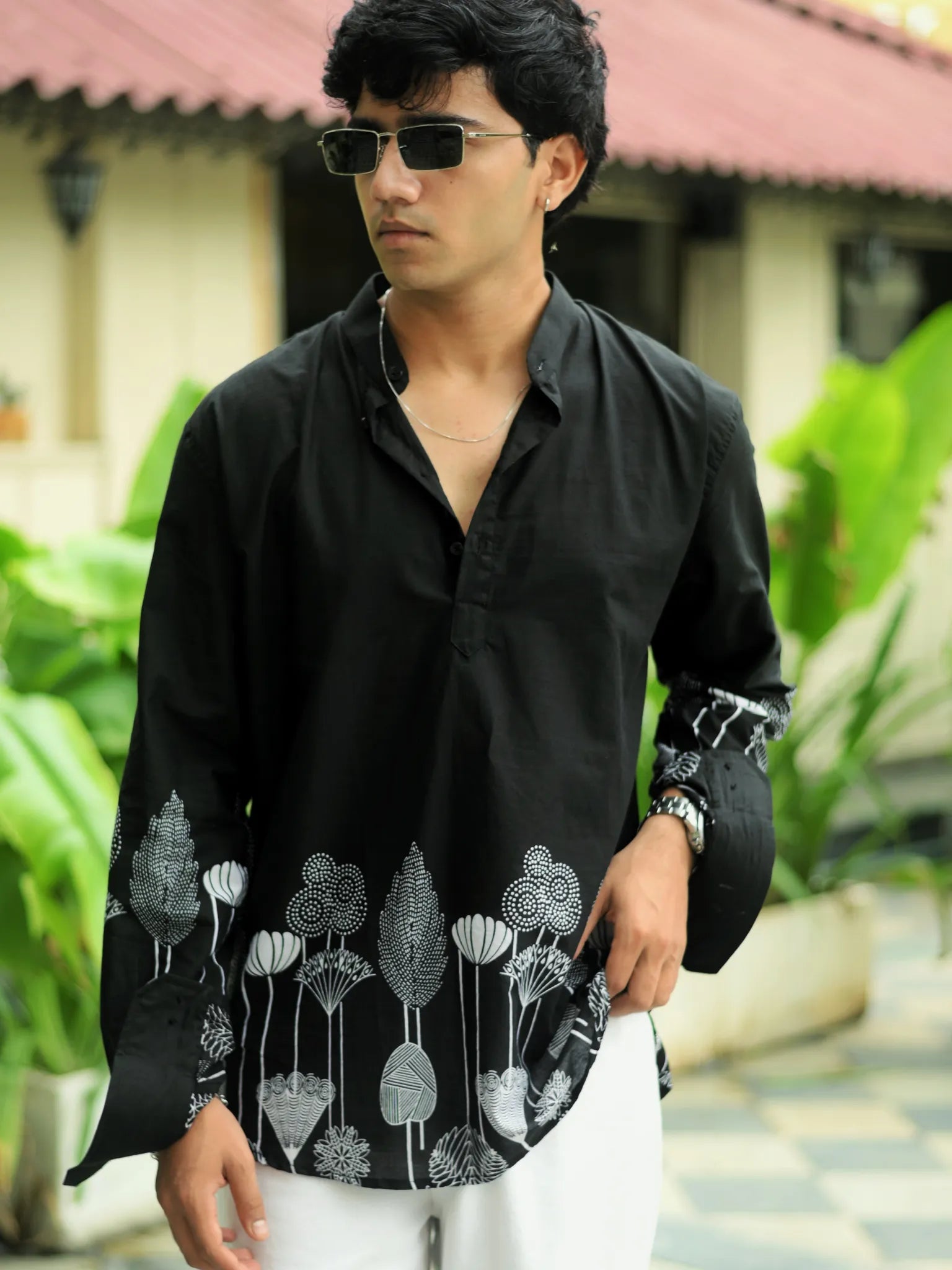 Black Flower Placement Short Kurta