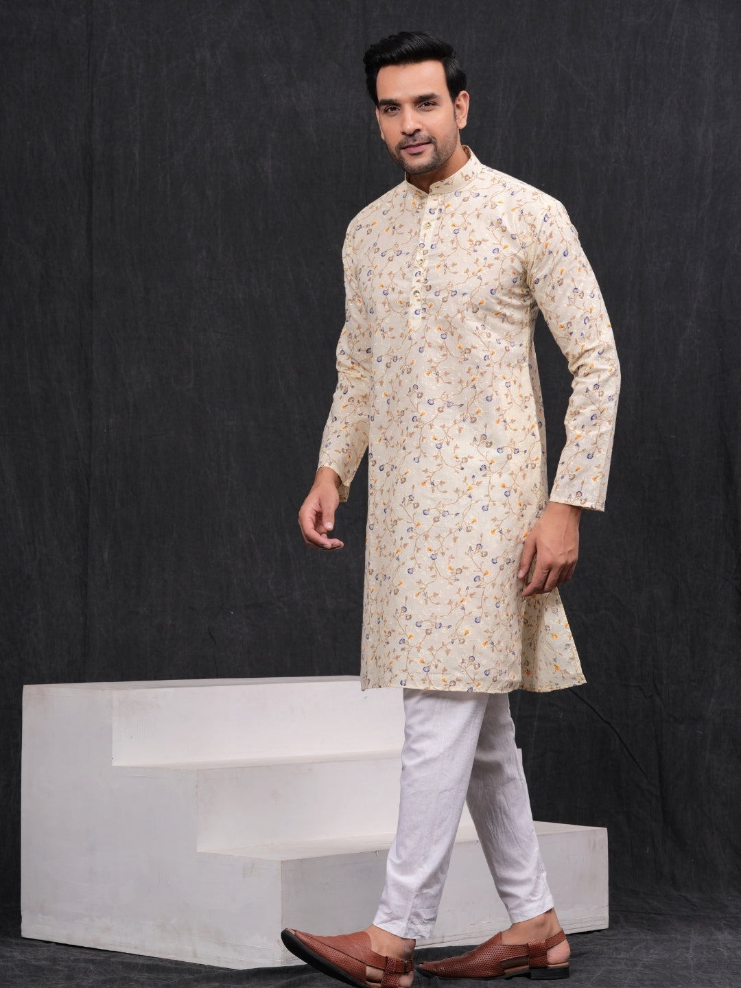 Cream Chikankari Leaf Printed Kurta & Pajama Set