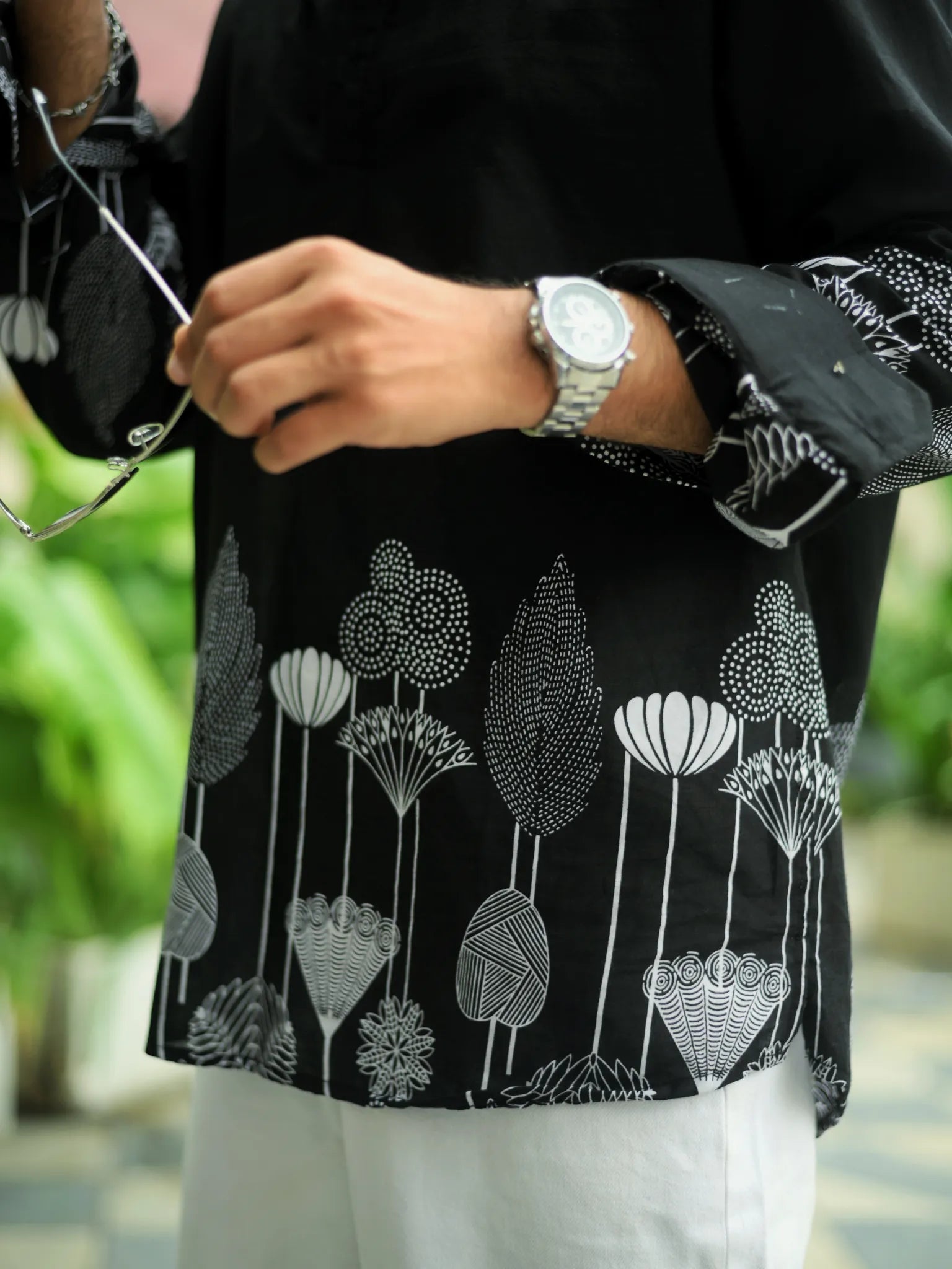 Black Flower Placement Short Kurta