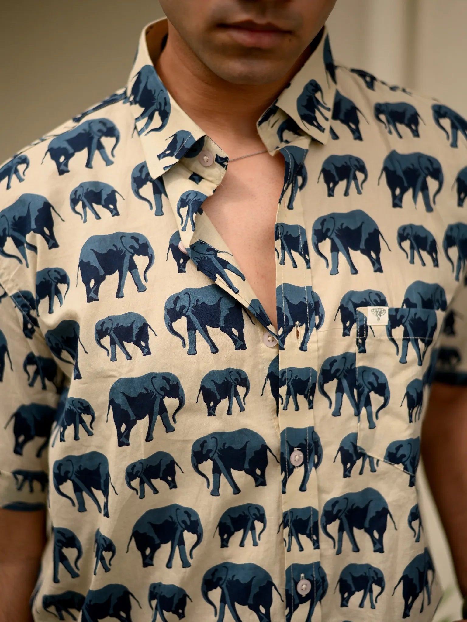 Cream Elephant Trail Half Sleeves Shirt
